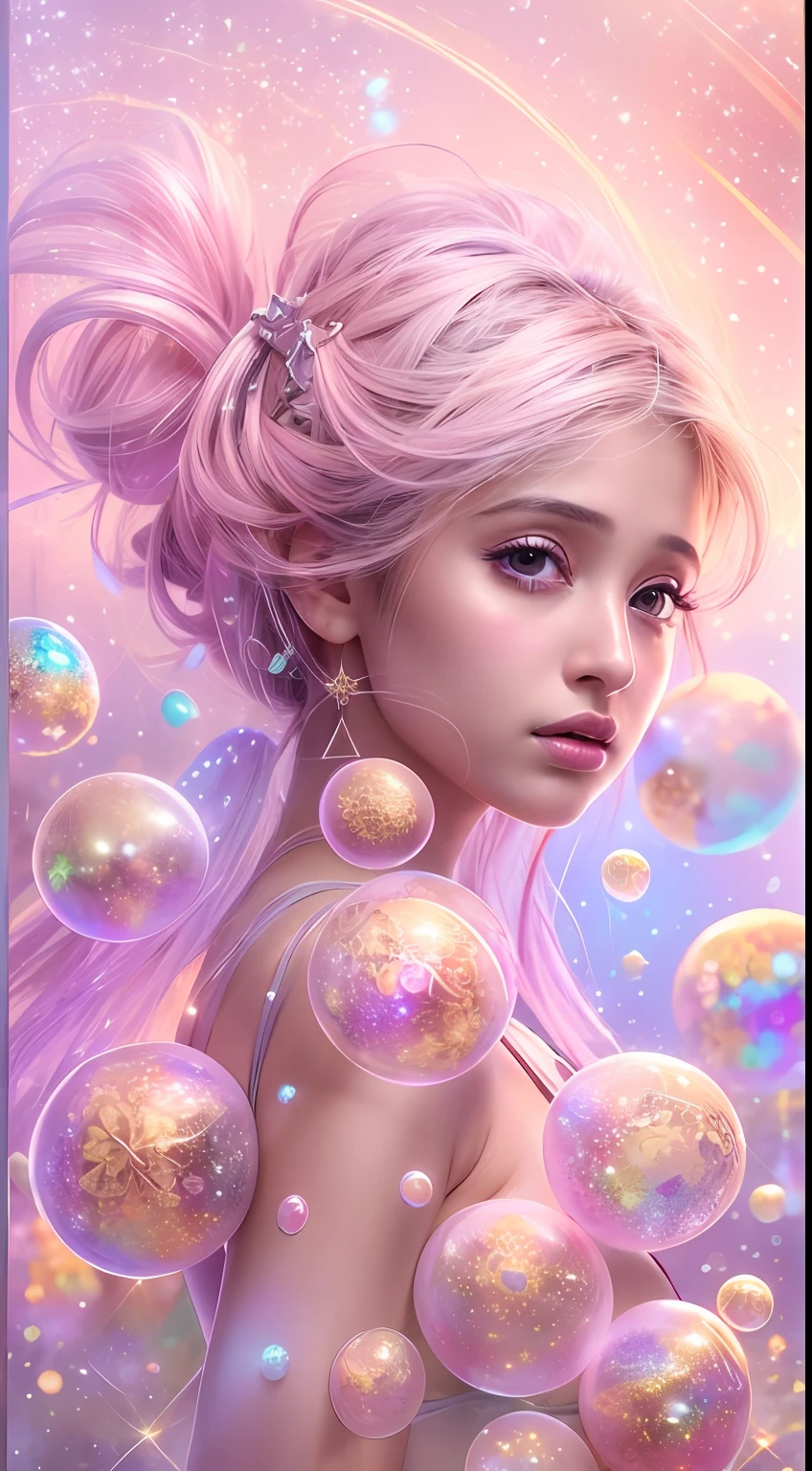 ((masterpiece)). This artwork is sweet, dreamy and ethereal, with soft pink watercolor hues and candy accents. Generate a delicate and demure fae exploring a (bubblegum world with a wide variety of pastel shades). Her sweet face is extremely detailed and realistic with elegant features and a fierce expression, and looks like ((((naomi scott)))). Include mature features and stunning, highly realistic eyes. Her eyes are important and should be realistic, highly detailed, and beautiful. In high definition and detail, include lots of details like stars, galaxies, colorful bubbles, colorful petals, and lots of energy and emotion! The stars and colorful bubblegum bubbles are important! Include fantasy details, enhanced details, iridescence, colorful glittering wind, and pollen. Pay special attention to her face and make sure it is beautifully and realistically detailed. The image should be dreamy and ethereal.8k, intricate, elegant, highly detailed, majestic, digital photography