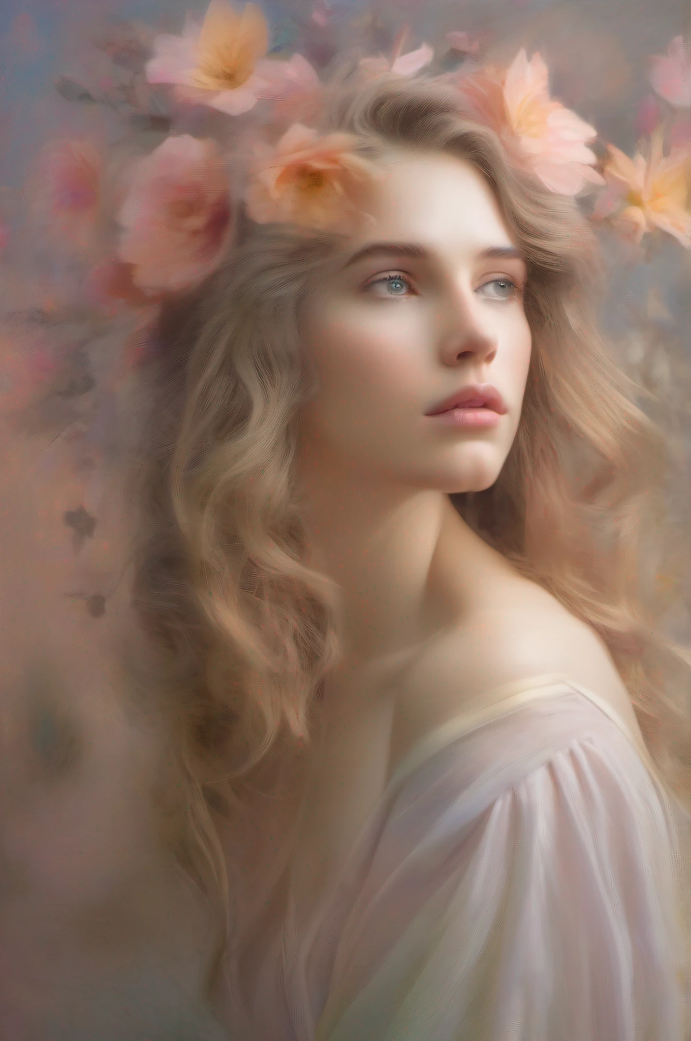 Medium shot, Aphrodite, elegant, Beautiful, Flowing hair, Nikon D850 camera, 85mm lens, Soft studio lighting, Pastel Groden color scheme, Neoclassical fine art painting, Subtle grained texture, Soft shadows and highlights were added later, Best quality, Beautiful, filmgrain