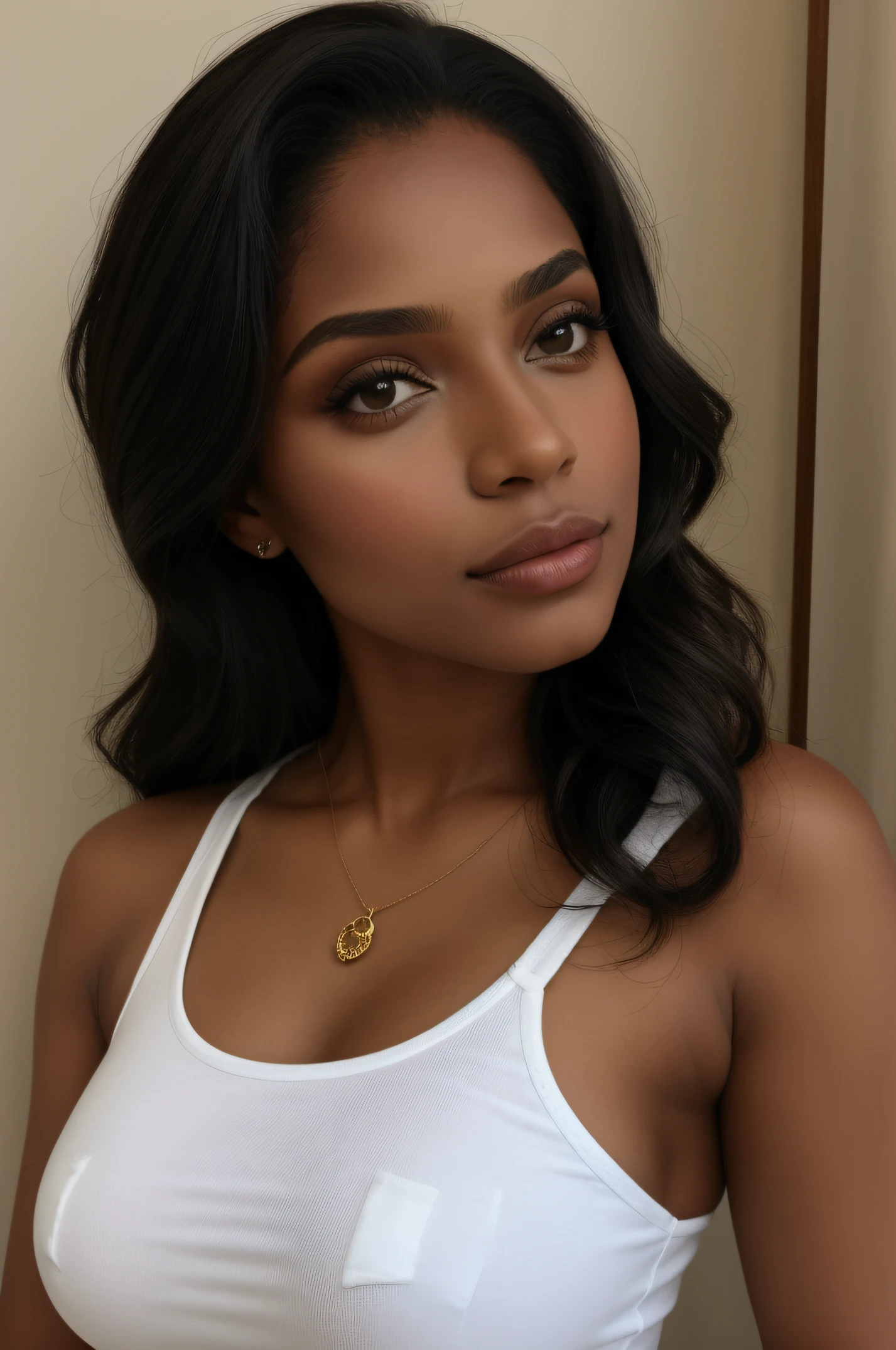 mulher negra magra, cabelo cacheado preto escuro, de corpo inteiro com roupa casual realista extremamente detalhado com olhos cor de esmeralda(olhos verdes) and fleshy lips, mulher negra, non-sluggish, realista extremamente detalhado fazendo pose com detalhes rosto perfeito , com roupa casual do dia a dia , com roupa elegante