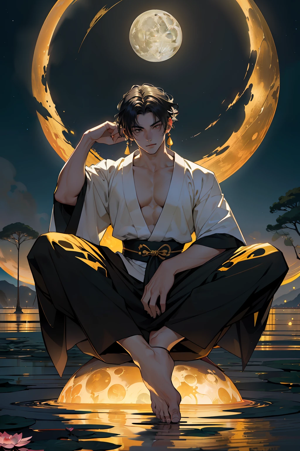 (melhor qualidade)), ((obra-prima)), (altamente detalhado:1.3) a muscular man with pale skin similar to Naraku (Inu-Yasha_ A black and gold kimono sitting in a lotus position surrounded by 15 luminous spheres of the most varied colors floating in the night sky with the moon in the background, perfect feet and hands, olhar cruel
