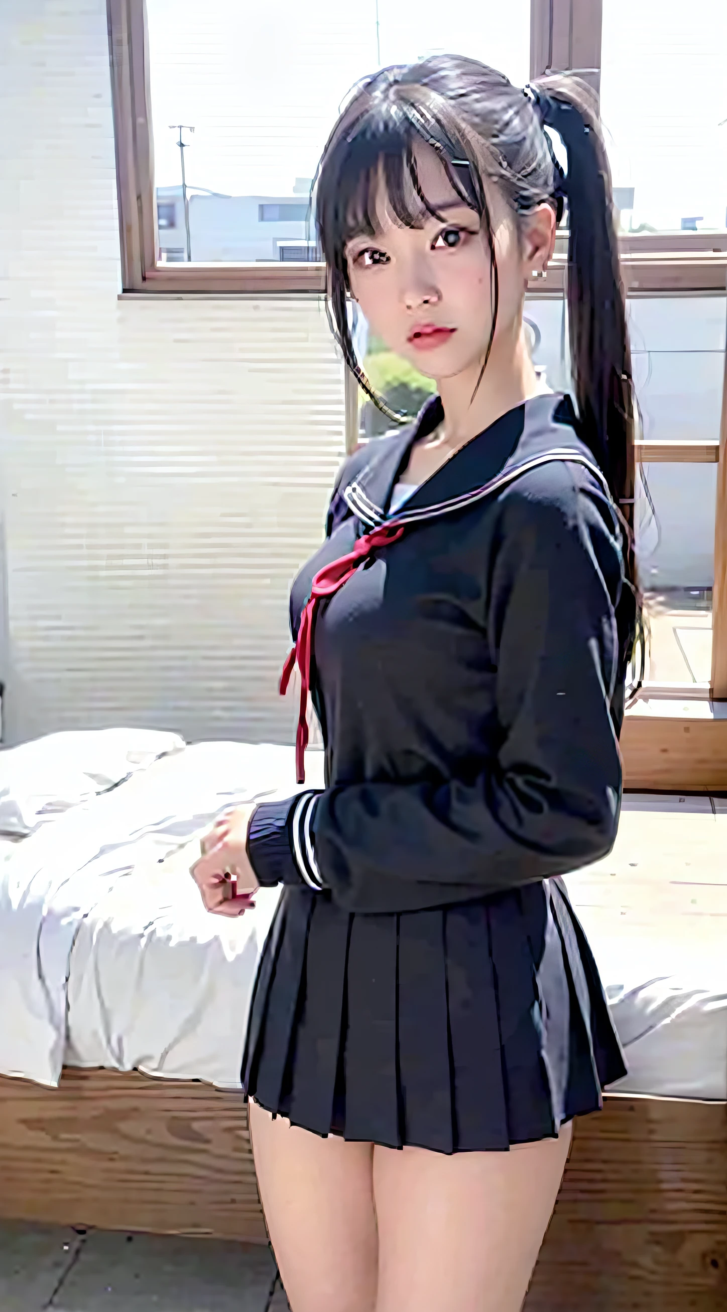 ((top-quality、in 8K、masterpiece:1.3, Photorealsitic:1.4, Bedrooms)), Japanese high school girl, 1 female, A dark-haired, With bangs, Medium-sized breasts, ((Japan schoolgirl uniform, Sailor Uniform, Thicker thighs, twintails hairstyle, Black eyes)), Highly detailed facial and skin texture, A detailed eye, Detailed lips、Highly detailed hair depiction, Natural makeup:1.2, (angry:1.3), arched back