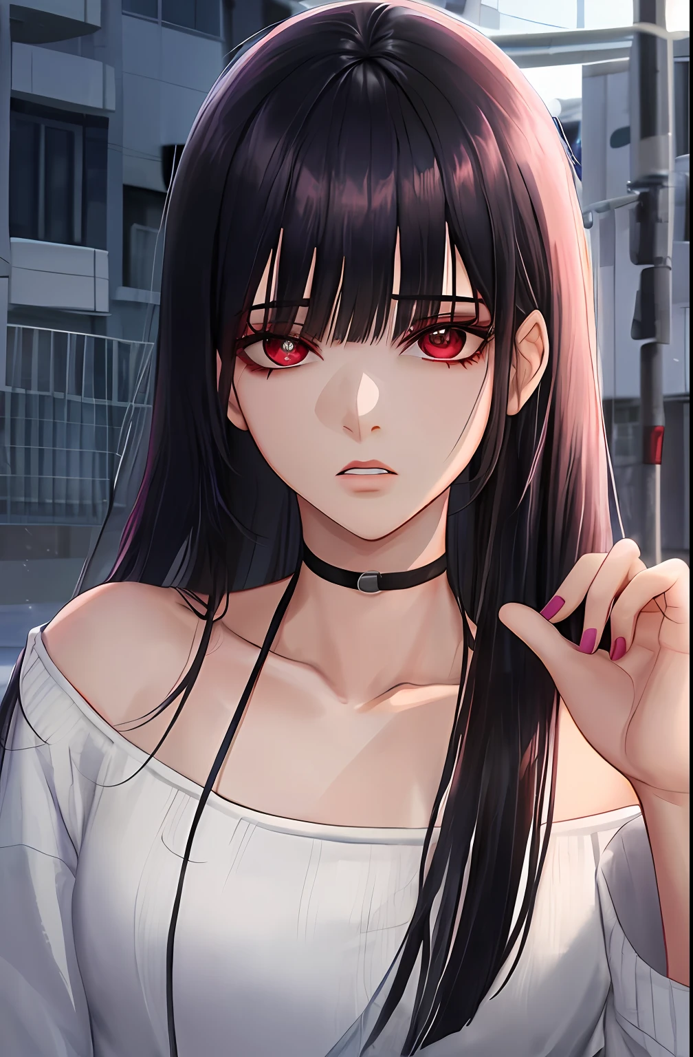 kk, melhor qualidade, mais detalhes, obra-prima, 1boy, kaneki ken, retrato, foco masculino, olhos sharingan, solo, franja, olhando para o espectador, capuz preto, cabelo curto, chuva, tokyo tokyo \(cidade\), capuz, nail polish, cabelo branco, luxuoso, 8k, detalhado, ray tracing, profundidade de campo, cinematic lighthing,