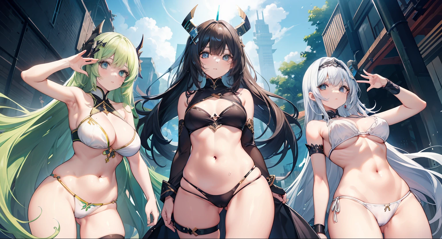 Corpo bonito, rosto bonito, 3 garotas juntas, garota mais velha, cabelo, olhos, Neck strap, ombros, peito grande, barriga, cintura fina, pernas grossas, coxa grossas, random background scenario, olhando para telespectador
