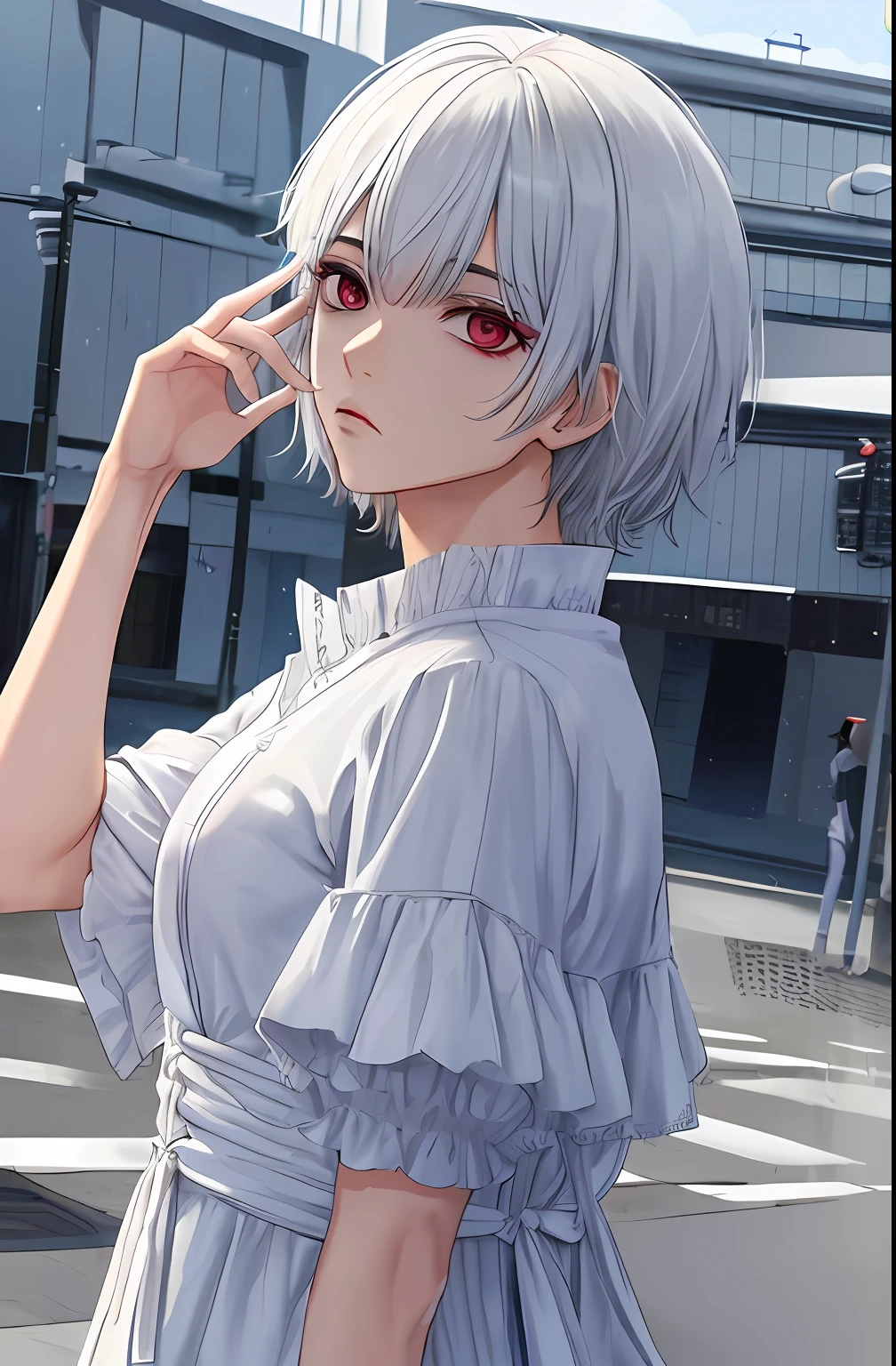 kk, melhor qualidade, mais detalhes, obra-prima, 1boy, kaneki ken, retrato, foco masculino, olhos sharingan, solo, franja, olhando para o espectador, capuz preto, cabelo curto, chuva, tokyo tokyo \(cidade\), capuz, nail polish, cabelo branco, luxuoso, 8k, detalhado, ray tracing, profundidade de campo, cinematic lighthing,
