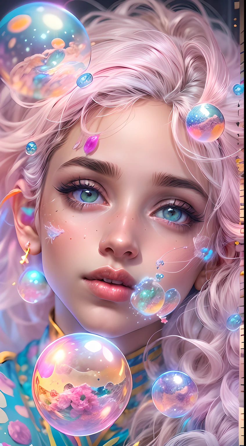 ((masterpiece)). This artwork is sweet, dreamy and ethereal, with soft pink watercolor hues and candy accents. Generate a delicate and demure fae exploring a (bubblegum world with a wide variety of pastel shades). Her sweet face is extremely detailed and realistic with elegant features and a fierce expression, and looks like ((((naomi scott)))). Include mature features and stunning, highly realistic eyes. Her eyes are important and should be realistic, highly detailed, and beautiful. In high definition and detail, include lots of details like stars, galaxies, colorful bubbles, colorful petals, and lots of energy and emotion! The stars and colorful bubblegum bubbles are important! Include fantasy details, enhanced details, iridescence, colorful glittering wind, and pollen. Pay special attention to her face and make sure it is beautifully and realistically detailed. The image should be dreamy and ethereal.8k, intricate, elegant, highly detailed, majestic, digital photography