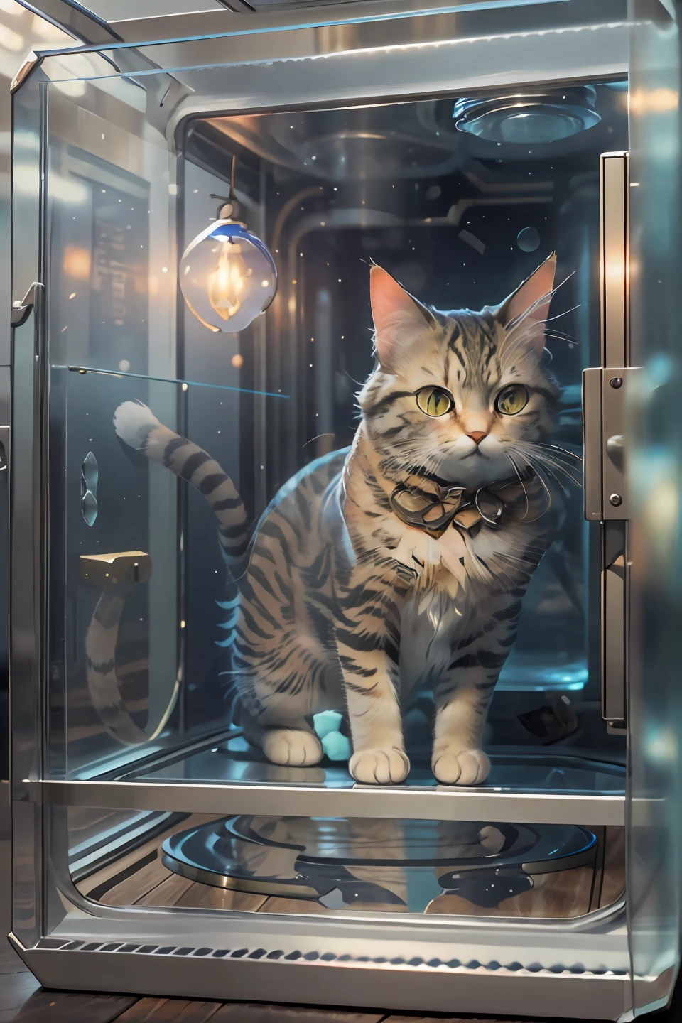 photography of tabby cat inside glasstech chamber, (c4ttitude:1.3), hyper realistic, intricate detail, (foggy:1.1),