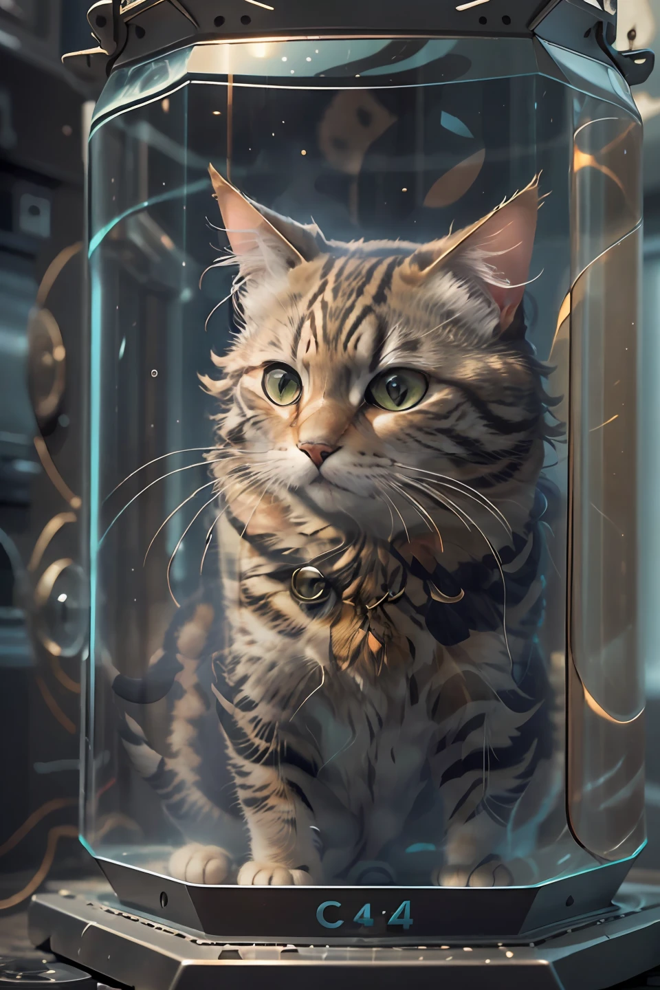 photography of tabby cat inside glasstech chamber, (c4ttitude:1.3),  hyper realistic, intricate detail, (foggy:1.1),