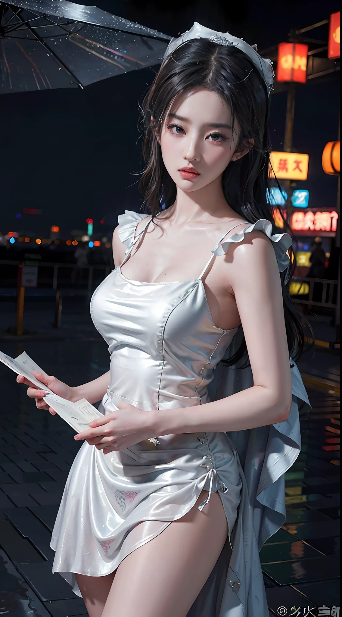 (8k, RAW photo, best quality, masterpiece: 1.2), (realistic, photorealistic: 1.37), single girl, cityscape, night, rain, wet, cowboy style, professional lighting, photon mapping, radio city, chinese doll, ripped, chemise, big breasts, nurse, wedding dress