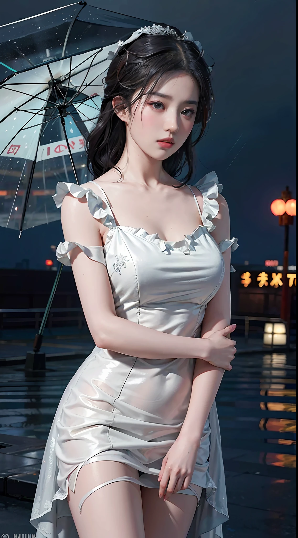 (8k, RAW photo, best quality, masterpiece: 1.2), (realistic, photorealistic: 1.37), single girl, cityscape, night, rain, wet, cowboy style, professional lighting, photon mapping, radio city, chinese doll, ripped, chemise, big breasts, nurse, wedding dress