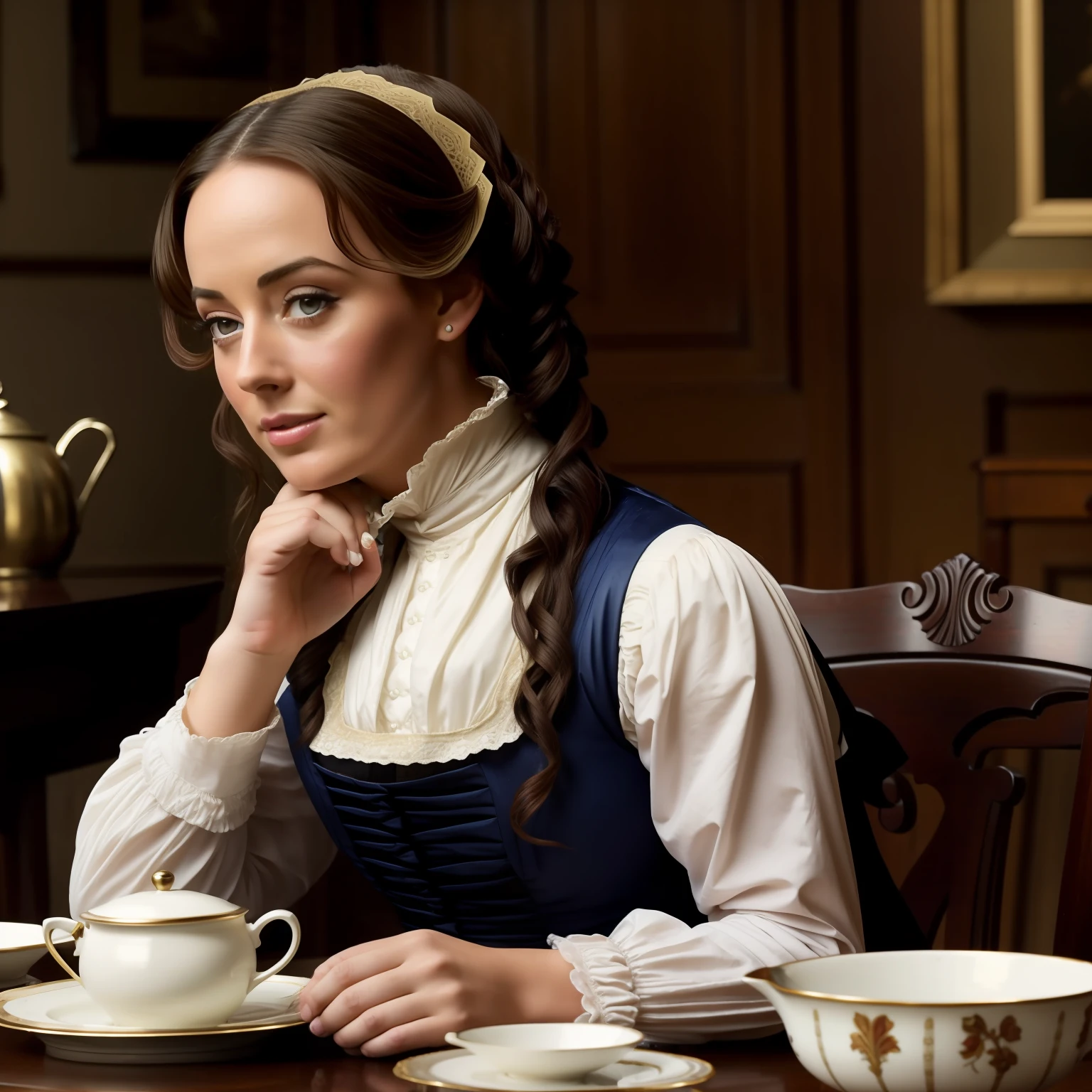 Lindsey Strutt dressed as Jane Eyre sitting at a dining table drinking tea, 19th century, curly hair