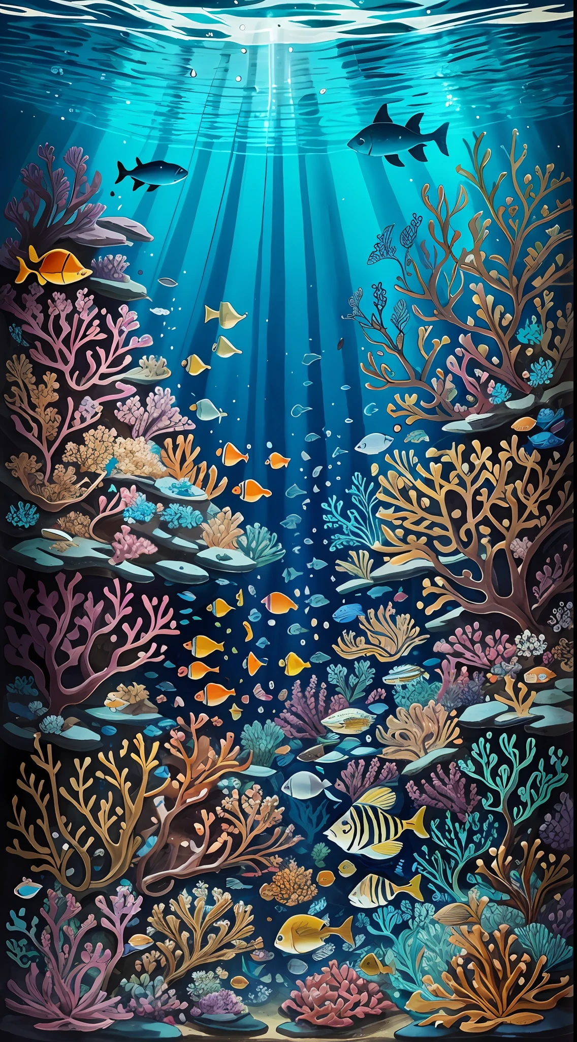 Imagem dentro do fundo do mar, surrounded by Fish of all species, coloridas, crystal water.