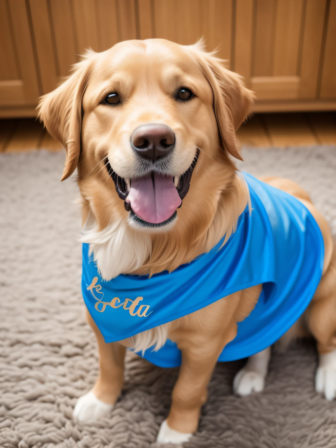 There is a Golden Retriever dog wearing glasses and a blue dog dress on every body, less in the head and is sitting on a rug with his mouth open, happy dog, feliz com a boca aberta, happily smiling at the camera, with a happy expression, Animal da Tranquilidade, he is very happy, foto altamente detalhada de feliz, feliz e sorridente, sorriso largo, foto de retrato em close-up, she is smiling and happy