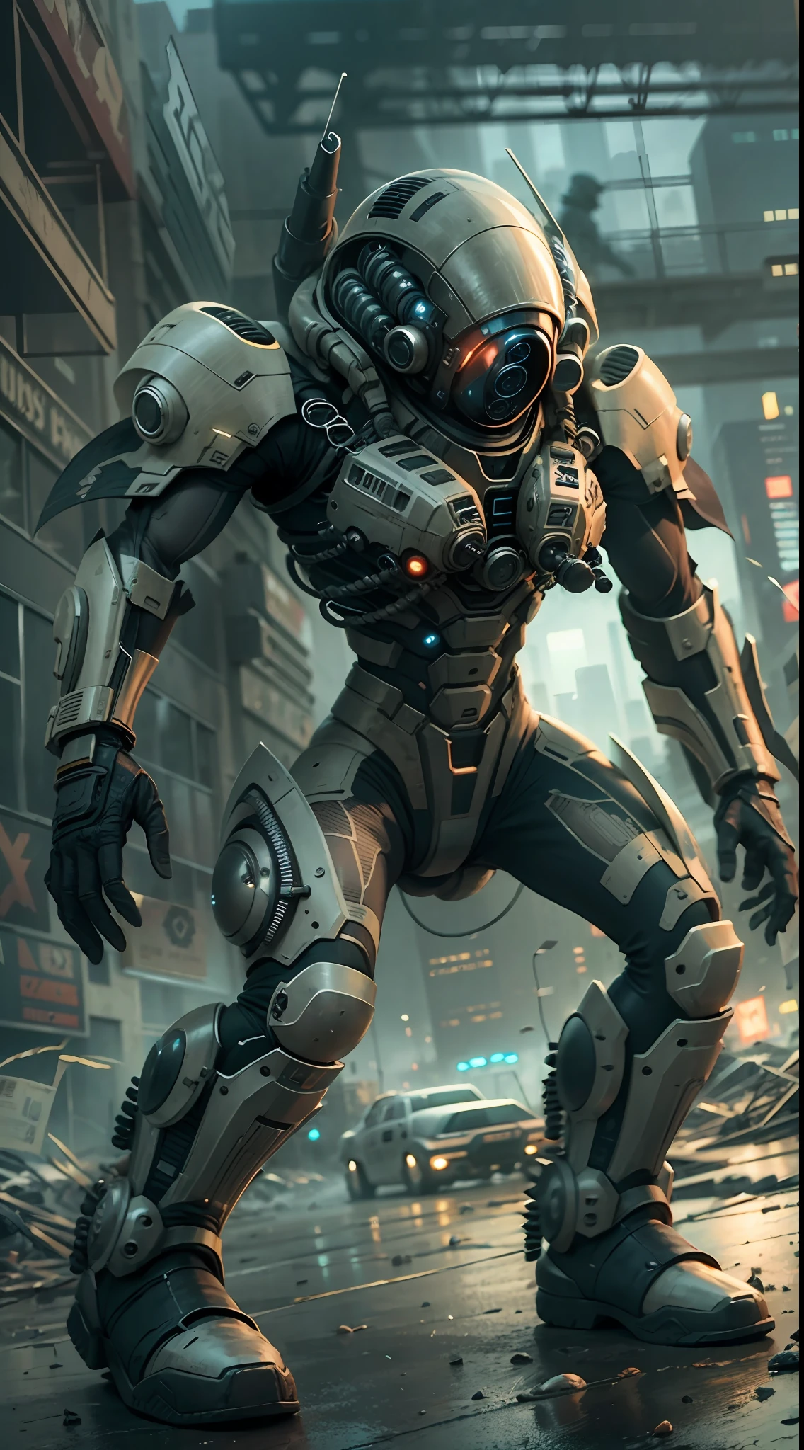High-tech and advanced alien soldiers in the apocalyptic city