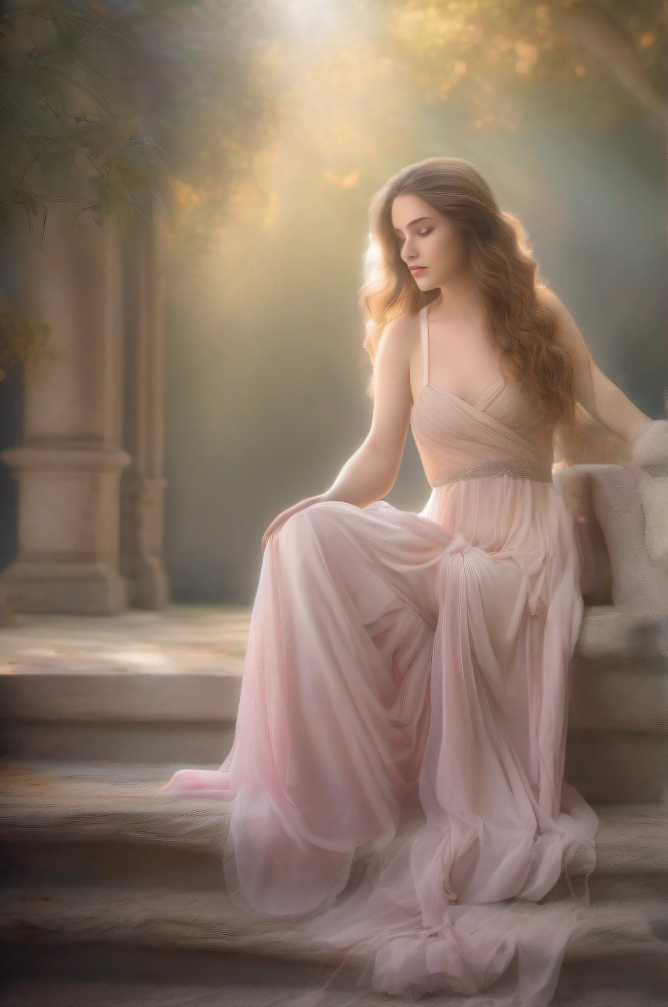 Medium shot, Aphrodite, elegant, Beautiful, Flowing hair, Nikon D850 camera, 85mm lens, Soft studio lighting, Pastel Groden color scheme, Neoclassical fine art painting, Subtle grained texture, Soft shadows and highlights were later added, Best quality, Beautiful, filmgrain