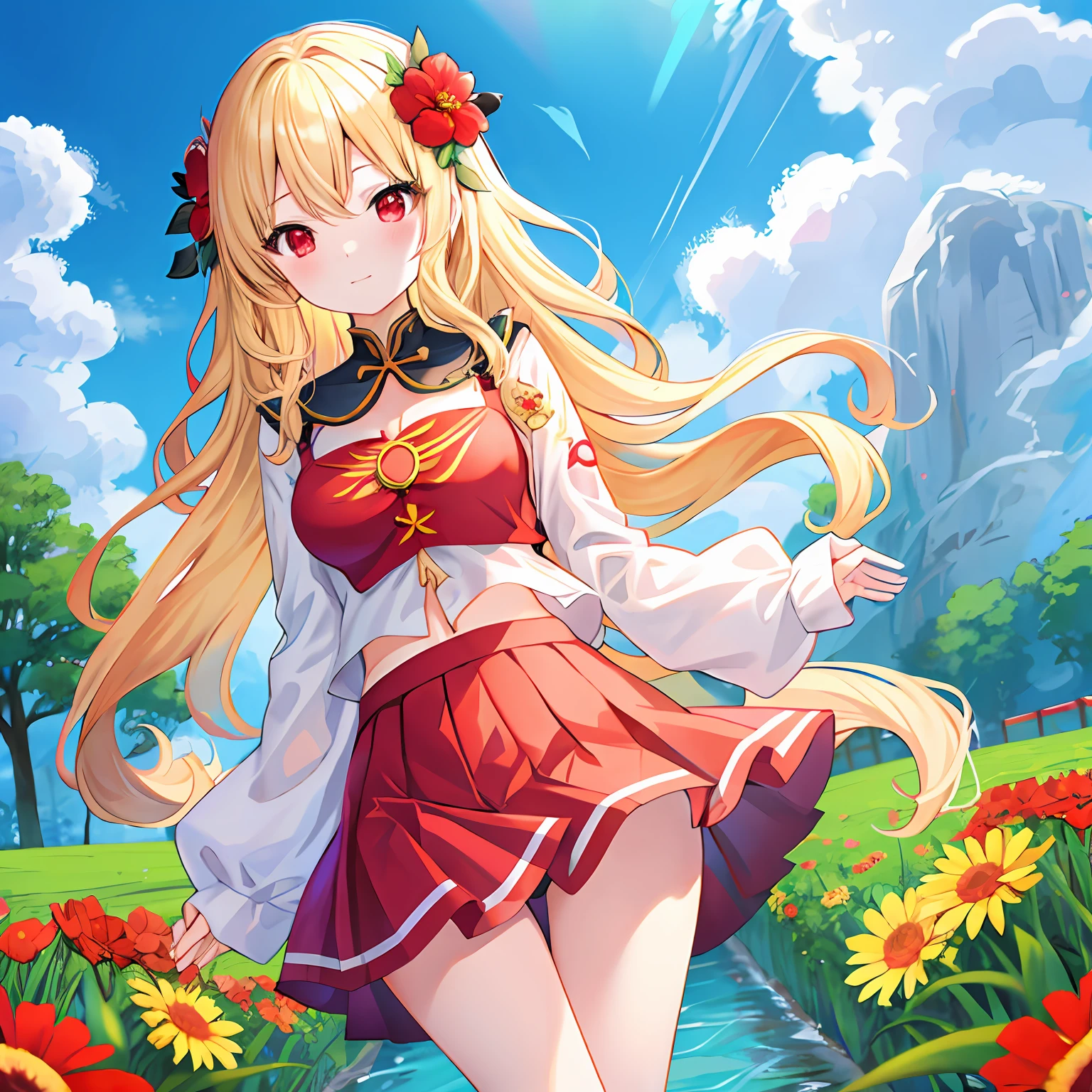 Wavy blonde hair、red eyes、One pretty girl、独奏、animesque、a miniskirt、A sexy、flower field
