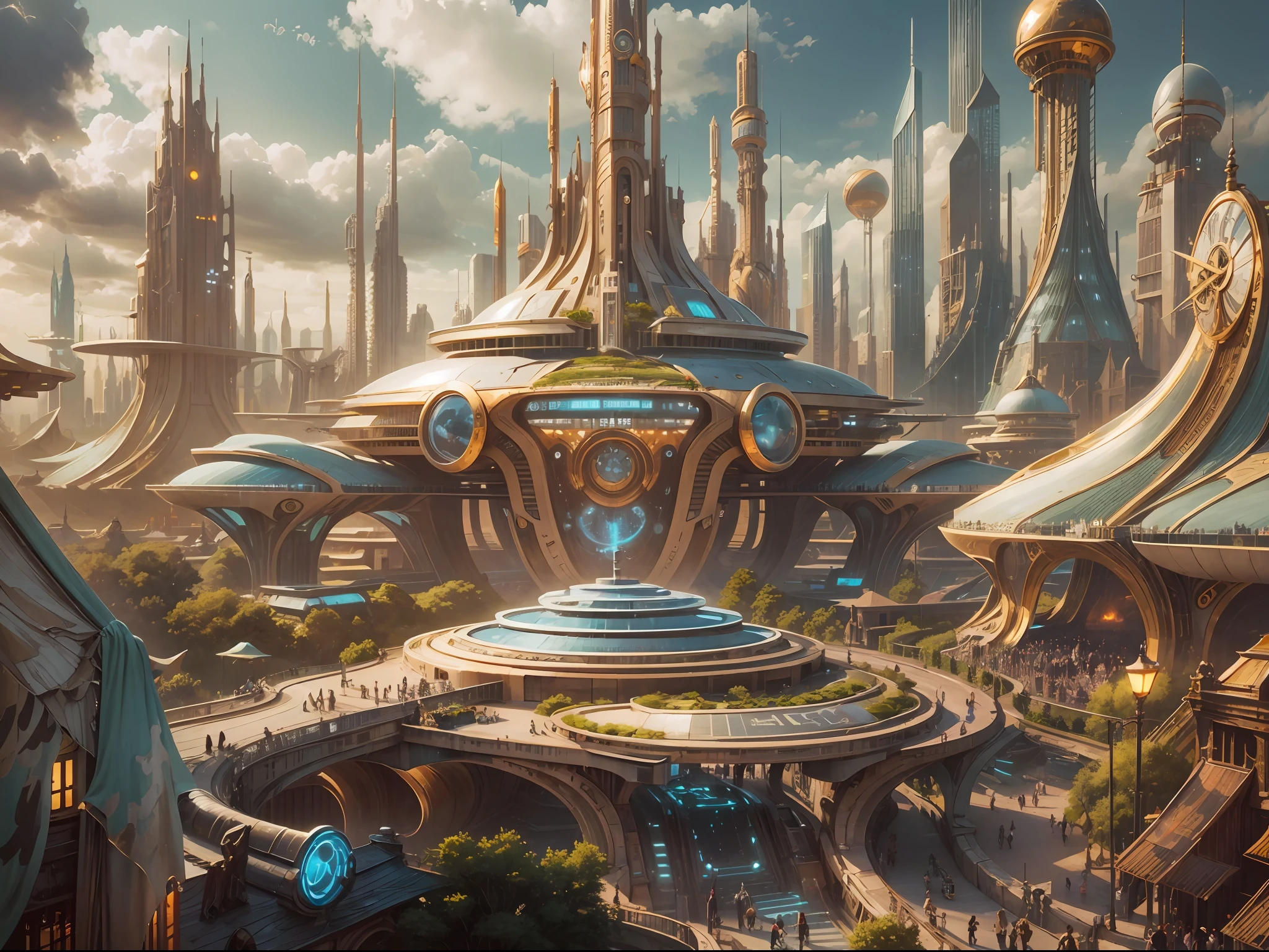 A futuristic cityscape known as Tomorrowland, Featuring an impressive fantastic design building，Silver abounds , Gold and bronze, and cyborgs strolling the streets.