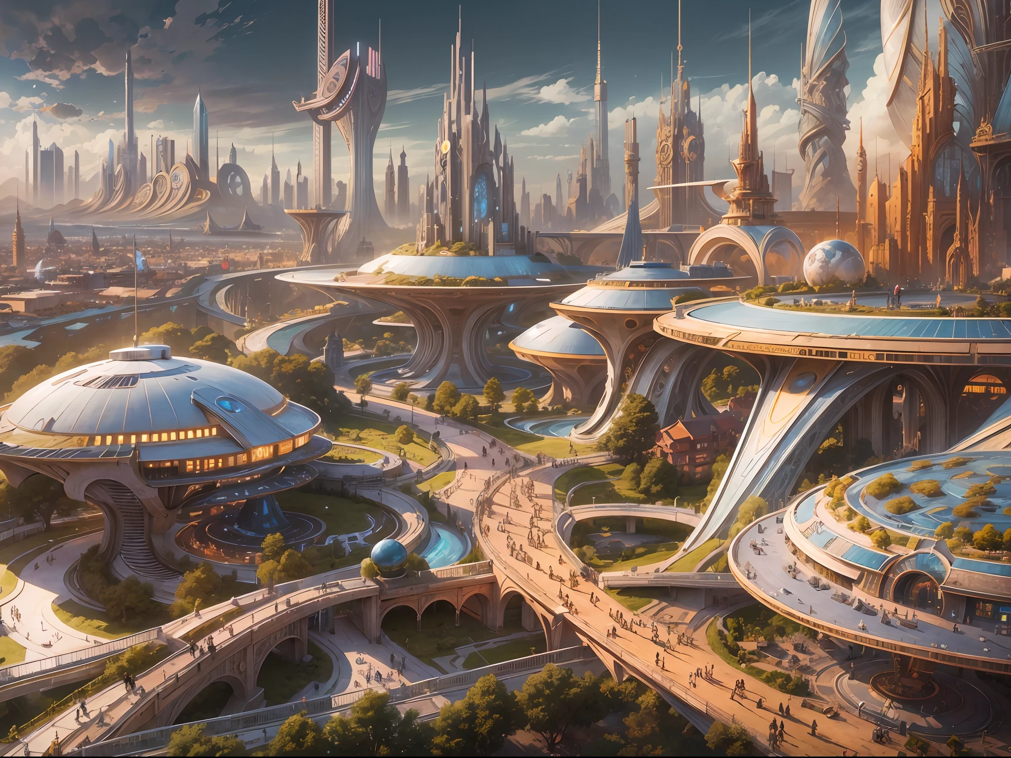 A futuristic cityscape known as Tomorrowland, Featuring an impressive fantastic design building，Silver abounds , Gold and bronze, and cyborgs strolling the streets.