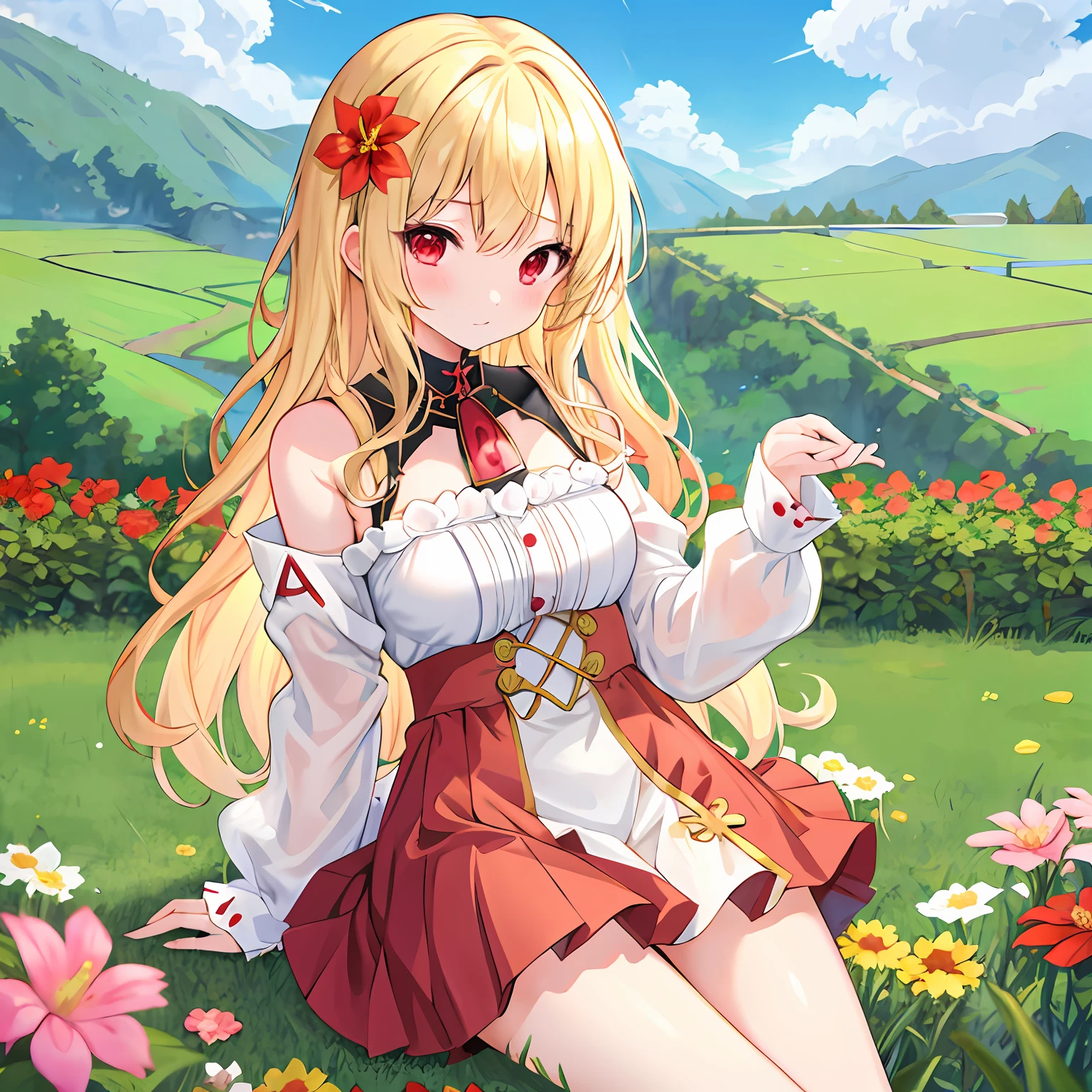 Wavy blonde hair、red eyes、One pretty girl、独奏、animesque、off shoulders、a miniskirt、A sexy、flower  field