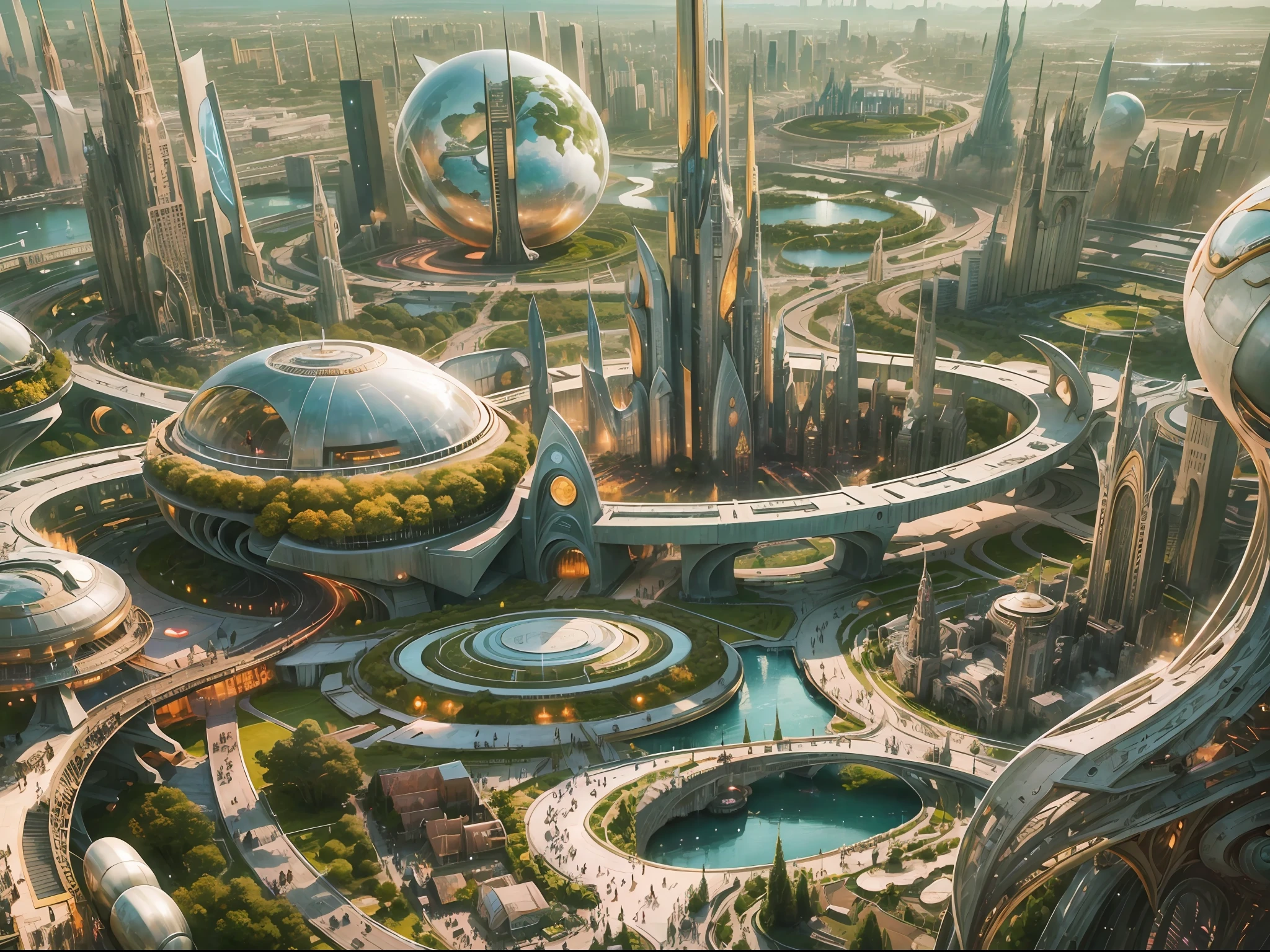 A futuristic cityscape known as Tomorrowland, Featuring an impressive fantastic design building，Silver abounds , Gold and bronze, and cyborgs strolling the streets.