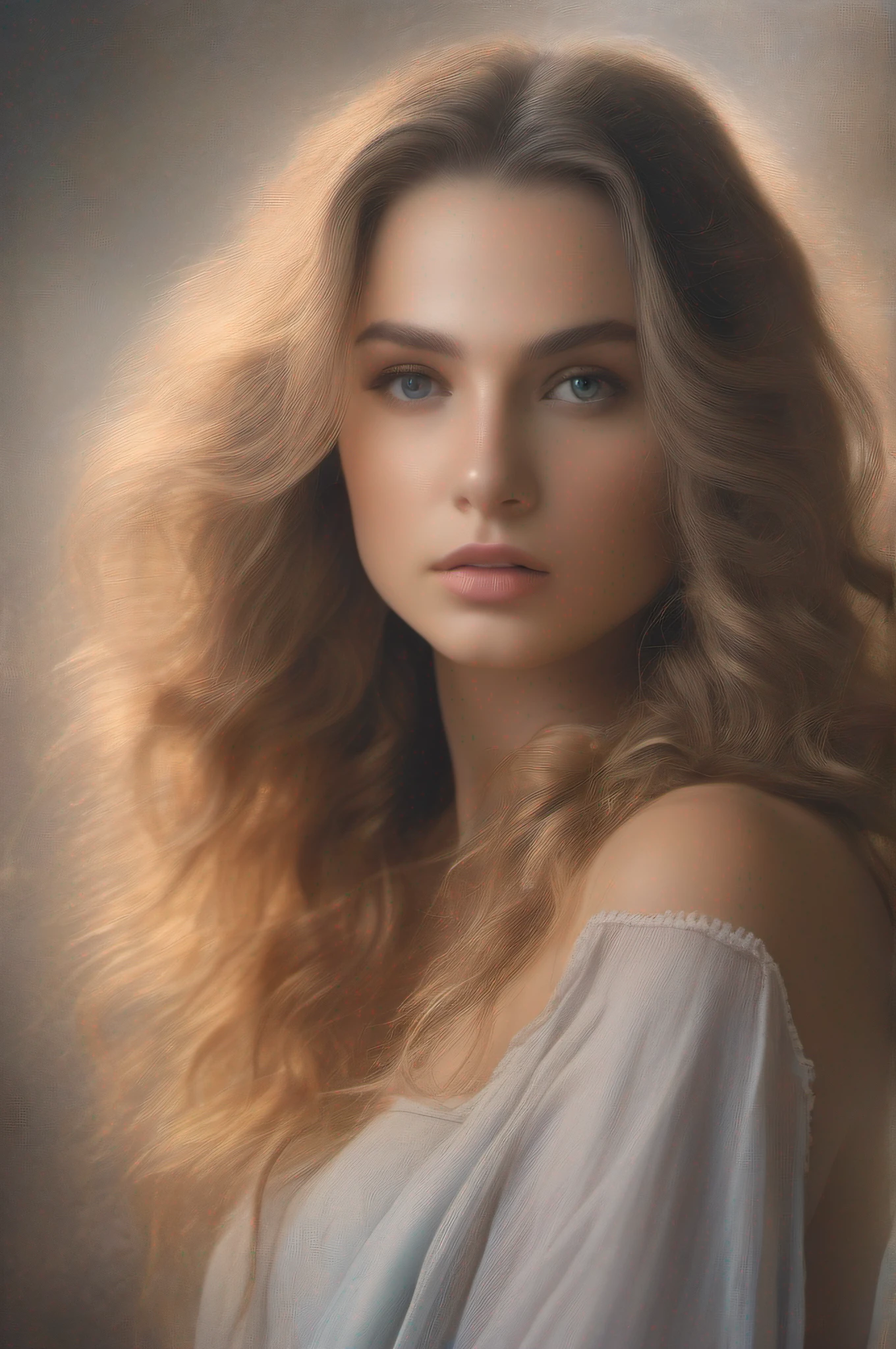 Medium shot, Aphrodite, elegant, Beautiful, Flowing hair, Nikon D850 camera, 85mm lens, Soft studio lighting, Pastel Groden color scheme, Neoclassical fine art painting, Subtle grained texture, Soft shadows and highlights were later added, Best quality, Beautiful, filmgrain