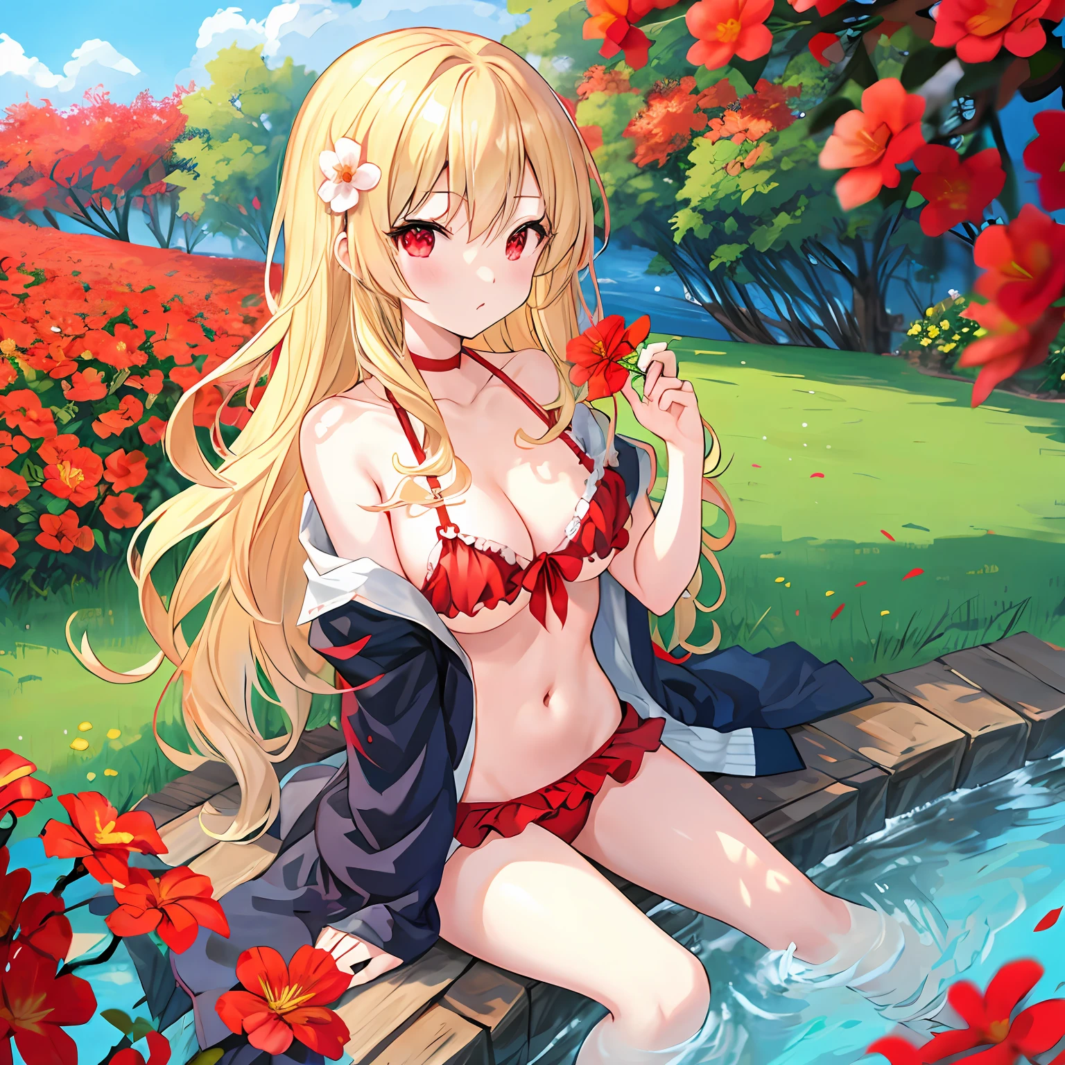 Wavy blonde hair、red eyes、One pretty girl、独奏、animesque、The bikini、sitting on、A sexy、flower field