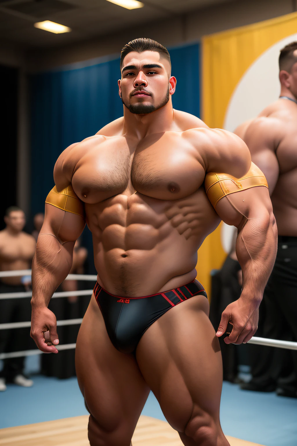 (Pintura digital), (La mejor calidad), 1 child () Camisa, Scene from a bodybuilding competition (Otros culturistas sin camisa en el escenario). Clint, The largest of the group of young bodybuilders in the competition, a head higher than the others on the back, hombros anchos, Espalda firme, Trasero redondo, trasero firme,, built as a solid V from broad shoulders to a slim waist with a thong. Lifted weights since he was 14; And he had melon-sized biceps to prove it..
