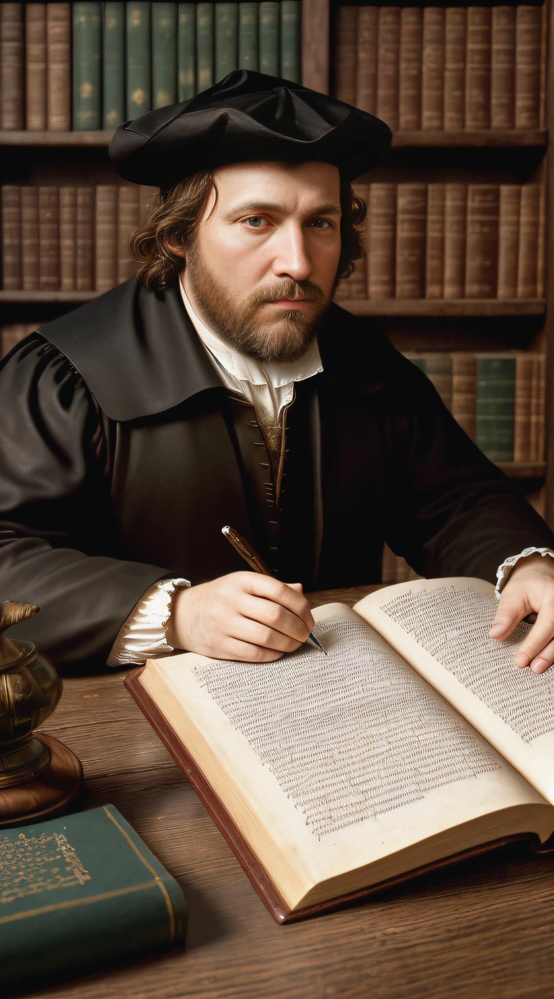 (masterpiece, photo-realistic, UHD, high resolution:1.3), Martin Luther, (earnest gaze:1.2), bearded, (16th century attire:1.2), quill in hand, writing on parchment, candle-lit study, filled bookshelves, ancient texts, inkwell, wood and leather, warm, dim light, somber, close-up, side view.