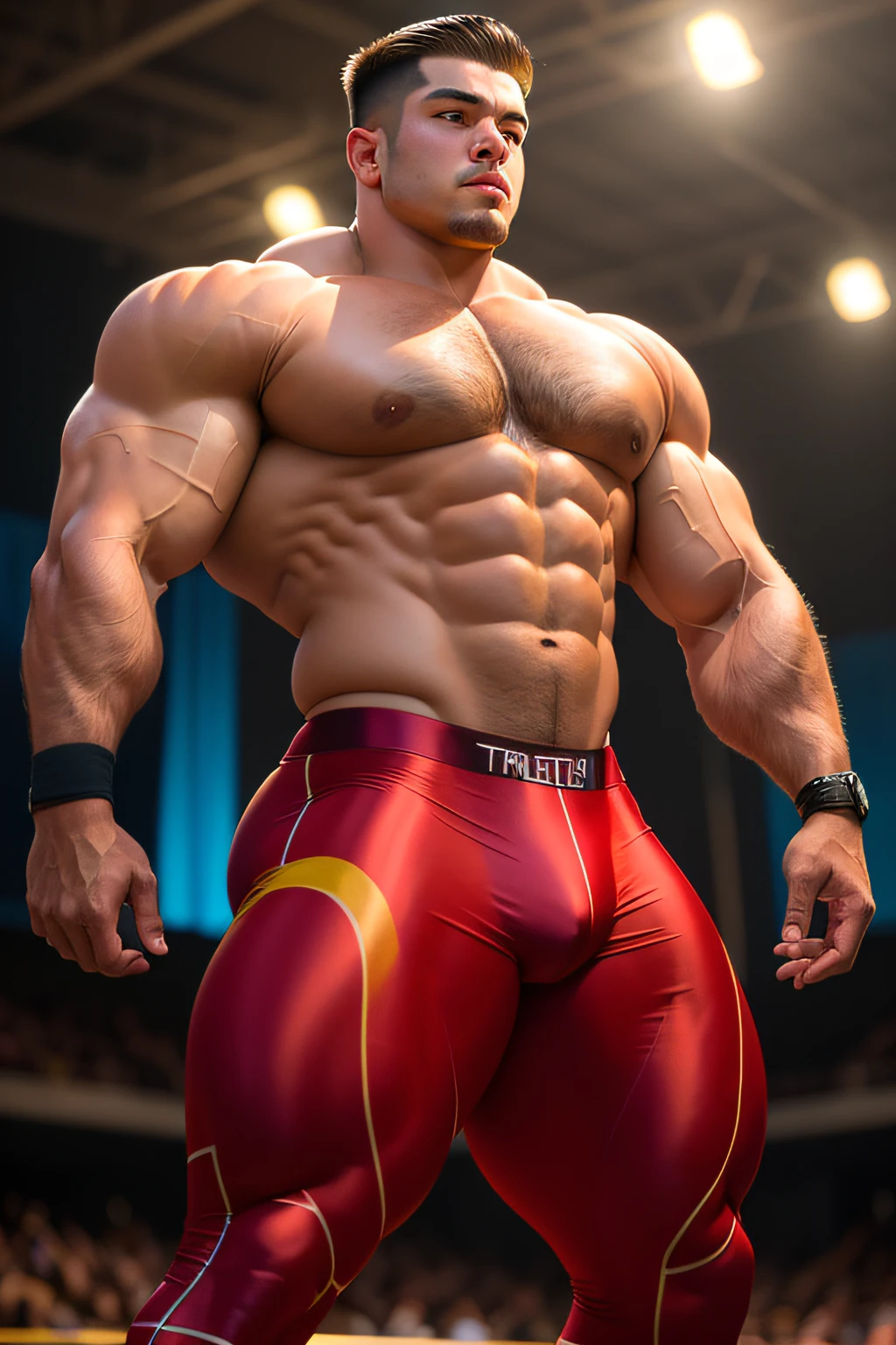 (Pintura digital), (La mejor calidad), 1 child () Camisa, Scene from a bodybuilding competition (Otros culturistas sin camisa en el escenario). Clint, The largest of the group of young bodybuilders in the competition, a head higher than the others on the back, hombros anchos, Espalda firme, Trasero redondo, trasero firme,, built as a solid V from broad shoulders to a slim waist with a thong. Lifted weights since he was 14; And he had melon-sized biceps to prove it..