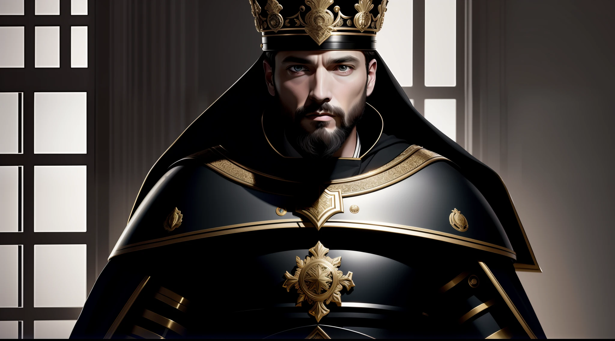 best quality, 500px, cgsociety, 8k, raw photo of (beautiful: 1.2) human king, blind of two eyes, wear king crown, king armor, 40yo, beard, in castle, full body, ambient light, backlight, volumetric lighting, realistic, realistic lighting, cinematic illumination, depth of field, sharp focus, (high contrast: 1.2), (film grain)