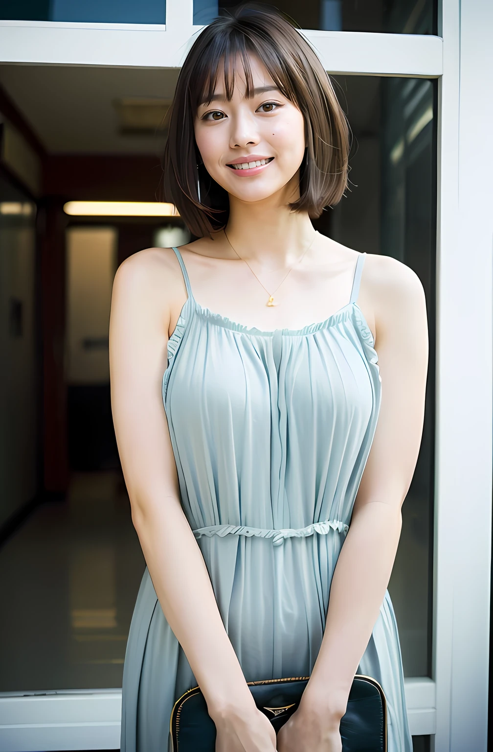 ((8K:1.27)、top-quality、masterpiece、超A high resolution:1.2)Photo Beautiful Japan woman(pleasing:1.1) (The shirt:1.21) Elegance、There is a good、Gradient lighting、1girl in、Delicate skin、Look here、Brown-eyed、(short hair with bangs:1.2)、(breasts are large:1.0)、(medium areola:0.8)、(realisitic:1.4)、(top-quality:1.0)、(超A high resolution:1.0)、8K、to stand、erect through、Raw photography、(masterpiece:0.2)、(pure eros face V1:0.5)、 Dicy Floral Ruffled Bust Split Thigh Camidress、white clothes、a necklace、Kamimei、date、excited expressions、Red cheeks、want me、Staring at this、subject、Lean、firm cheeks、Look here、Laugh、Futomo、sandal、Beautiful thighs、Kinda chubby、Beautiful thighs、Angle from the front、Composition looking up from slightly below.、Upright directly in front of the camera、tote bags、facing front、In front of the station、Morning light、A refreshing smile、Big bulge、cute little