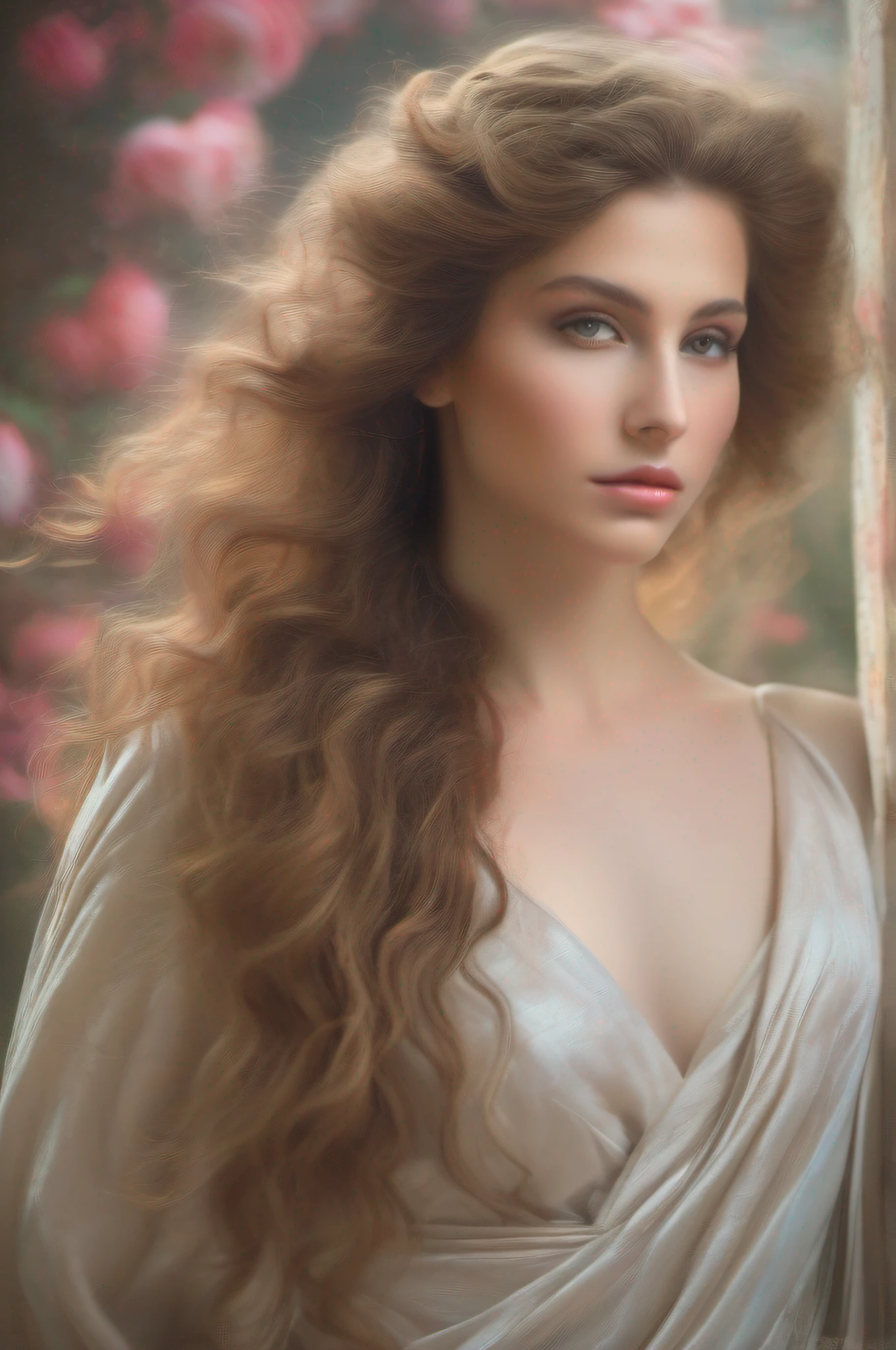 Medium shot, Aphrodite, elegant, Beautiful, Flowing hair, Nikon D850 camera, 85mm lens, Soft studio lighting, Pastel Groden color scheme, Neoclassical fine art painting, Subtle grained texture, Soft shadows and highlights were later added, Best quality, Beautiful, filmgrain