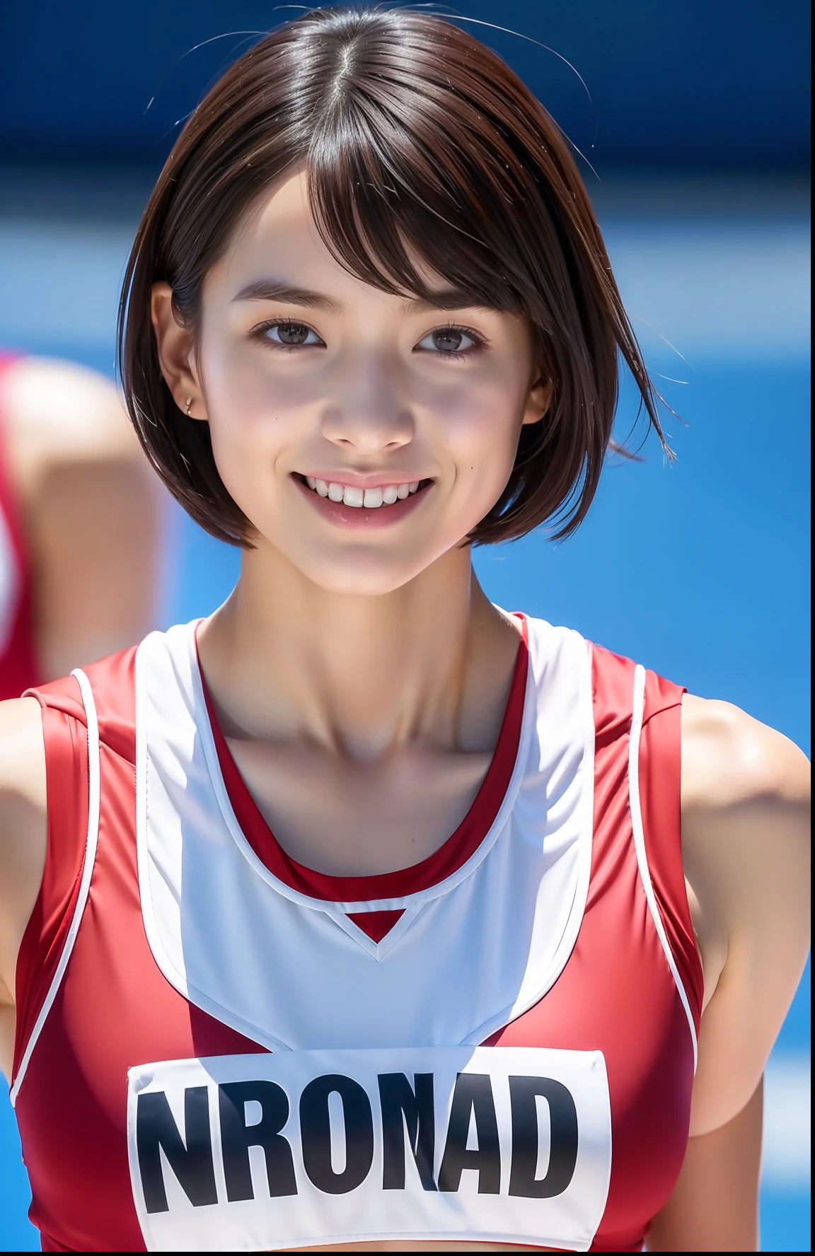 (((full bodyesbian)))、((Short-cut hairstyles))、Perfect style、beauty legs、kawaii、((Track & Field Athletes Women))、japanese beauty girl、(((1人)))、Competition uniforms、((stadium))、Transcendent cute、A slight smil、Beautiful breasts、full bodyesbian、athletic field、((Outstanding style))、((Healthy body))、 Photorealsitic、Beautiful detailed eyes、Hyper-Realism、highcontrast、Ultra HD、realistic skin textures、Top image quality、top-quality、超A high resolution、Fine details、Very meticulously