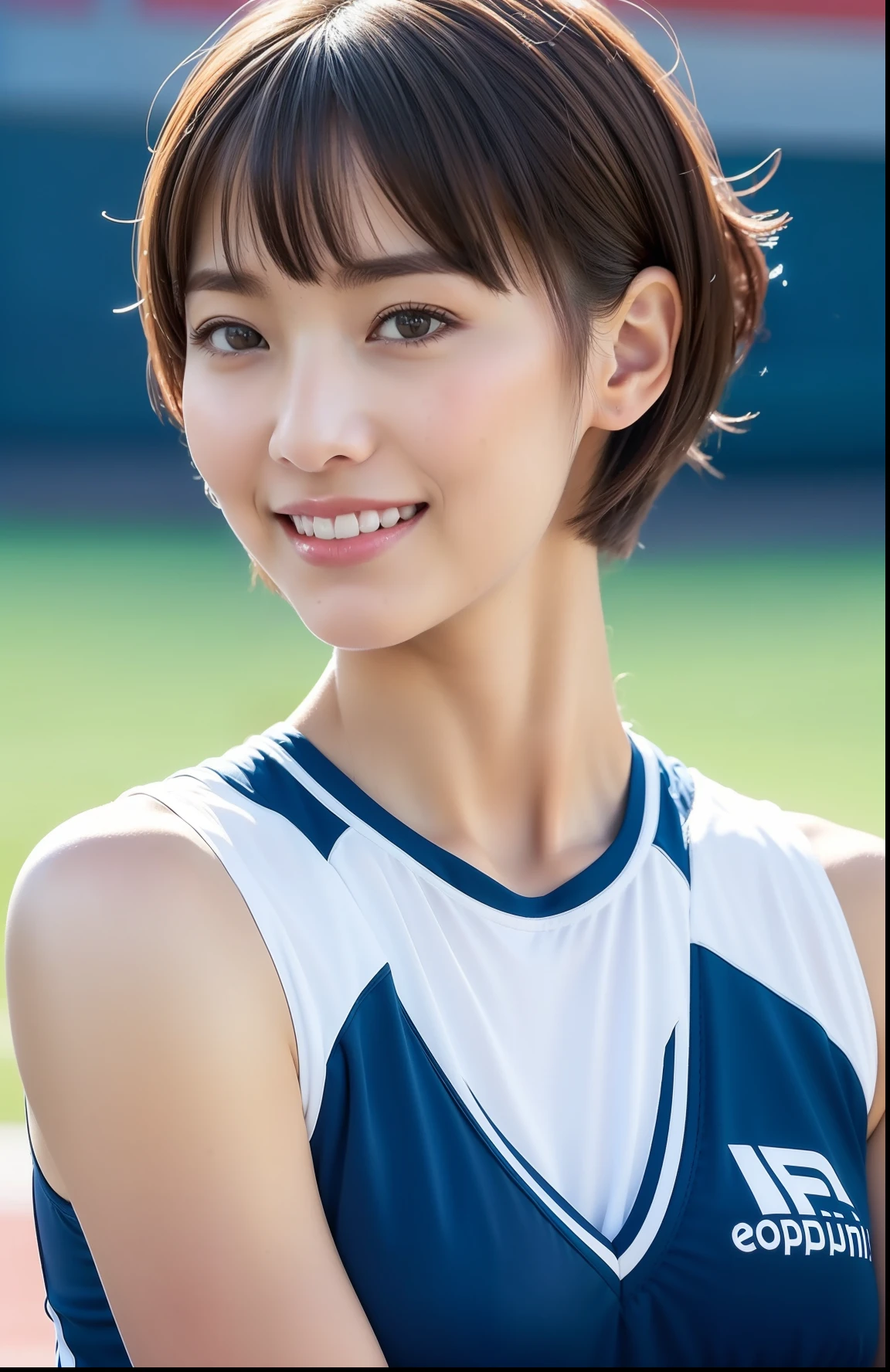(((full bodyesbian)))、((Short-cut hairstyles))、Perfect style、beauty legs、kawaii、((Track & Field Athletes Women))、japanese beauty girl、(((1人)))、Competition uniforms、((stadium))、Transcendent cute、A slight smil、Beautiful breasts、full bodyesbian、athletic field、((Outstanding style))、((Healthy body))、 Photorealsitic、Beautiful detailed eyes、Hyper-Realism、highcontrast、Ultra HD、realistic skin textures、Top image quality、top-quality、超A high resolution、Fine details、Very meticulously