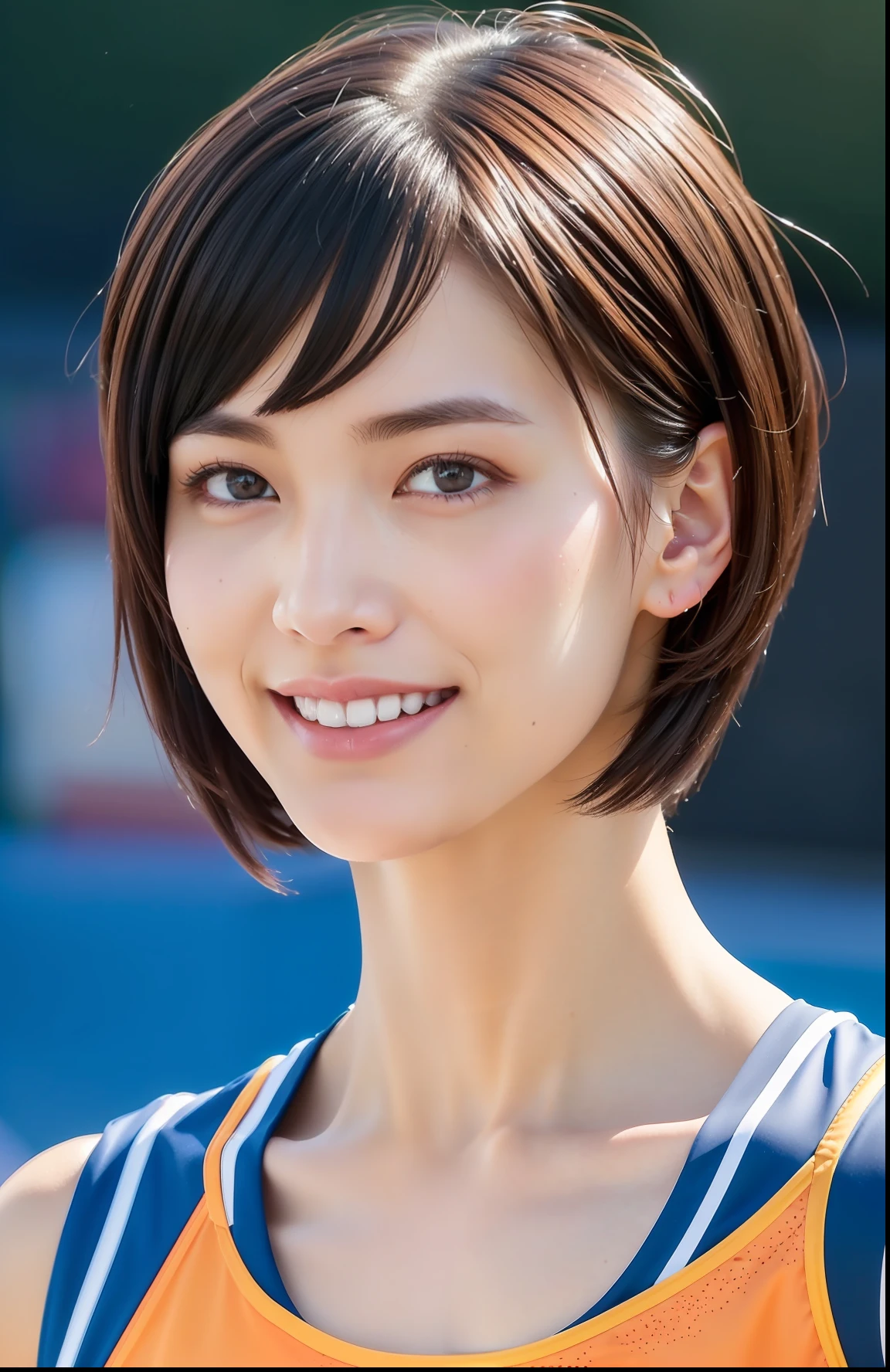 (((full bodyesbian)))、((Short-cut hairstyles))、Perfect style、beauty legs、kawaii、((Track & Field Athletes Women))、japanese beauty girl、(((1人)))、Competition uniforms、((stadium))、Transcendent cute、A slight smil、Beautiful breasts、full bodyesbian、athletic field、((Outstanding style))、((Healthy body))、 Photorealsitic、Beautiful detailed eyes、Hyper-Realism、highcontrast、Ultra HD、realistic skin textures、Top image quality、top-quality、超A high resolution、Fine details、Very meticulously