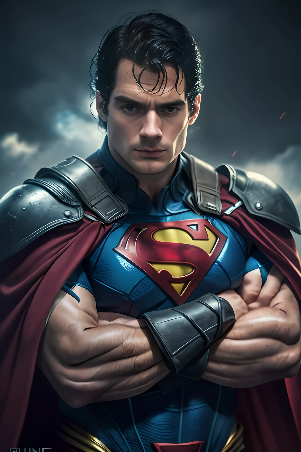 1 man, solo, Henry Cavill as Superman, 40s year old, all blue and red details suit, bare hands, big red S symbol on the chest, red cape, strain of hair covering forehead, short cut hair, tidy hair, tall, manly, hunk body, muscular, wide shoulder, straight face, black hair, best quality, high resolution:1.2, masterpiece, raw photo, dark background, detailed suit, detailed face, upper body shot, crossed arms, runic scene in the background