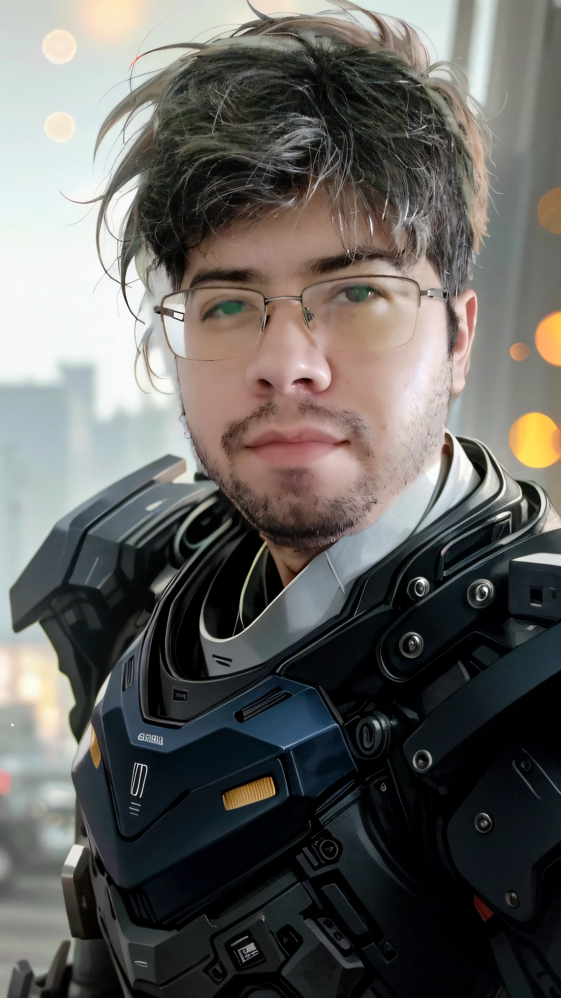 Foto retrato de um homem bonito, olhos perfeitos, em um exosuit mecha usado, ((bokeh claro)), intrincado, (steel metal [ferrugem]), elegante, foco nítido, foto por greg rutkowski, soft-lighting, cores vibrantes, obra-prima, ((ruas)),