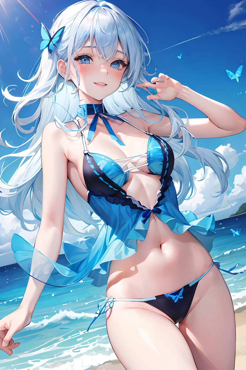 Glowing blue butterfly，Blue sexy swimsuit，1girll，blue color eyes，long  white hair，beachside，exteriors，The reveal panties，looking toward the viewer，Seductive pose， Blush, Smile, cheerfulness, Masterpiece, Best quality, With a collar around the neck，A high resolution,Detail enhancement，best qualtiy，Perfect image quality