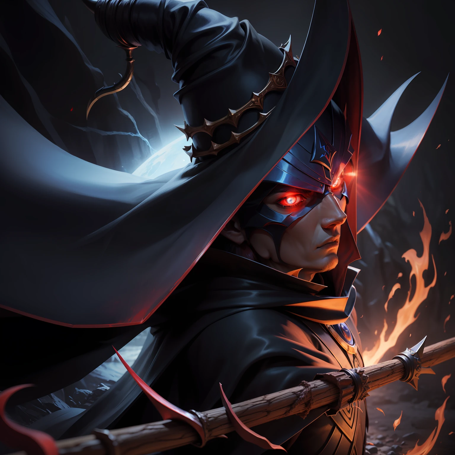 The Dark Magician, 8k, realistic,dark underworld, stick, red eyes,