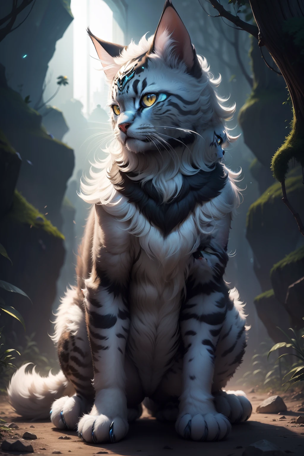 Felino com alta qualidade, with luminescence, High Definition Quadruped, mistic, muito peludo, usando armadura em todo corpo, coberto de pelos e armadura. usando roupa, armadura. andando de quatro patas FULL HD. misterioso, feros, Longas orelhas, Mystical feline animal, highes definition. no hypothesis to be human-like