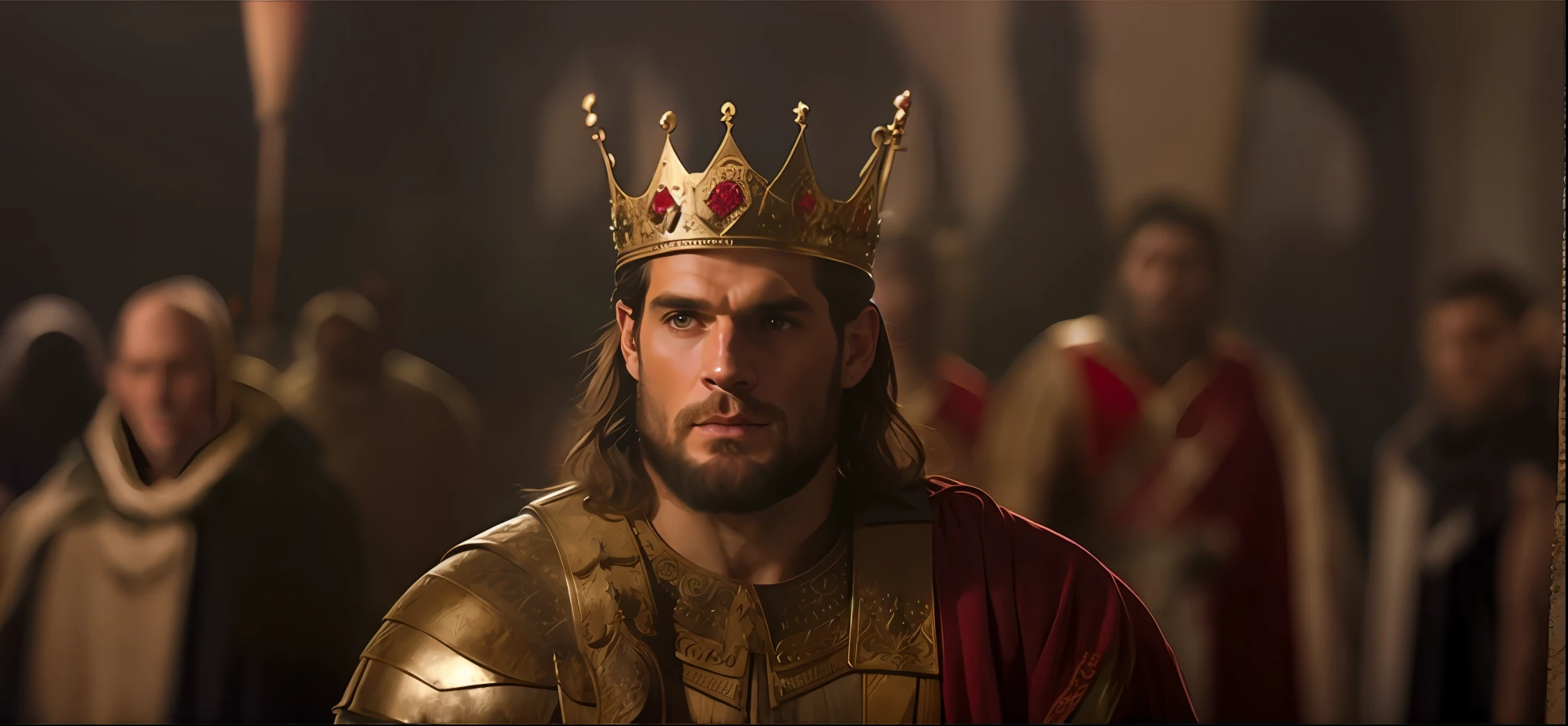 A man in a red crown and cloak stands before a crowd, Henry Cavill como um guerreiro, Henry Cavill como um deus grego, king richard the lionheart, Henry Cavill como Arthas Menethil, Velho Rei Medieval, henry cavill is a greek god, Grande Rei de Stovokor, Rei Artur, homem com coroa