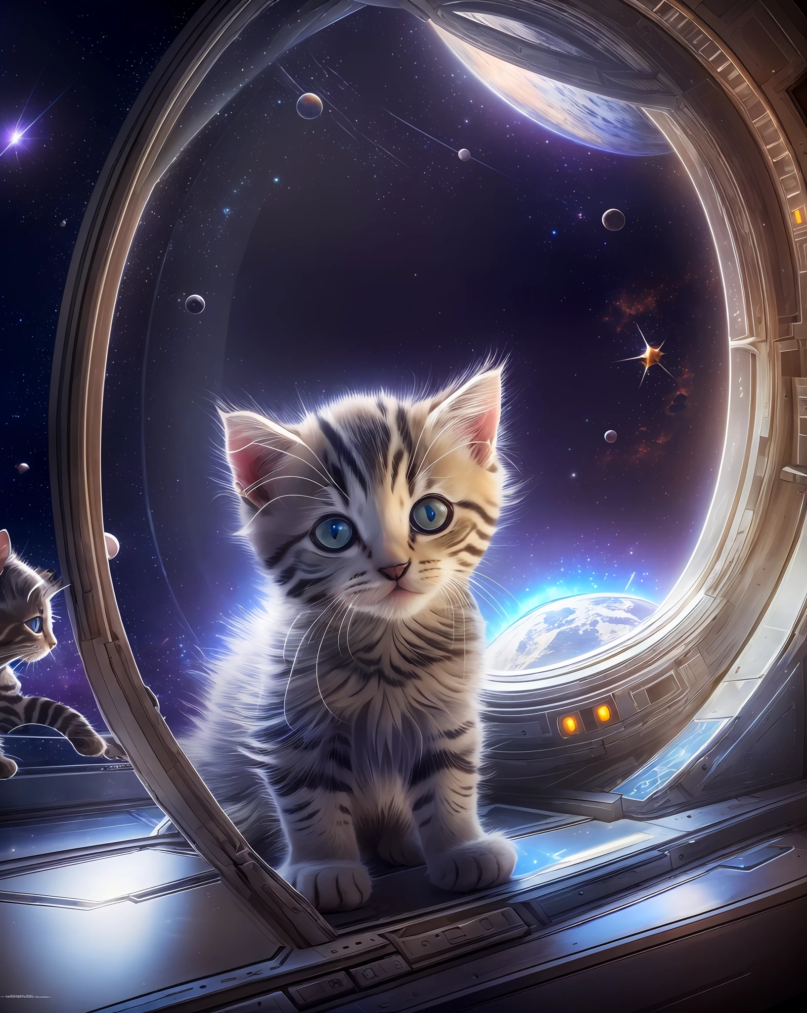 (masterpiece), (best quality:1.4), HDR, 8K, dramatic lighting, photorealistic, ((a cute kitten)), large pupil, round pupil, hands on window, ((cute)), curious, full body, mechanized equipment, (spaceship), science fiction, future world,  looking at viewer, space, nebula