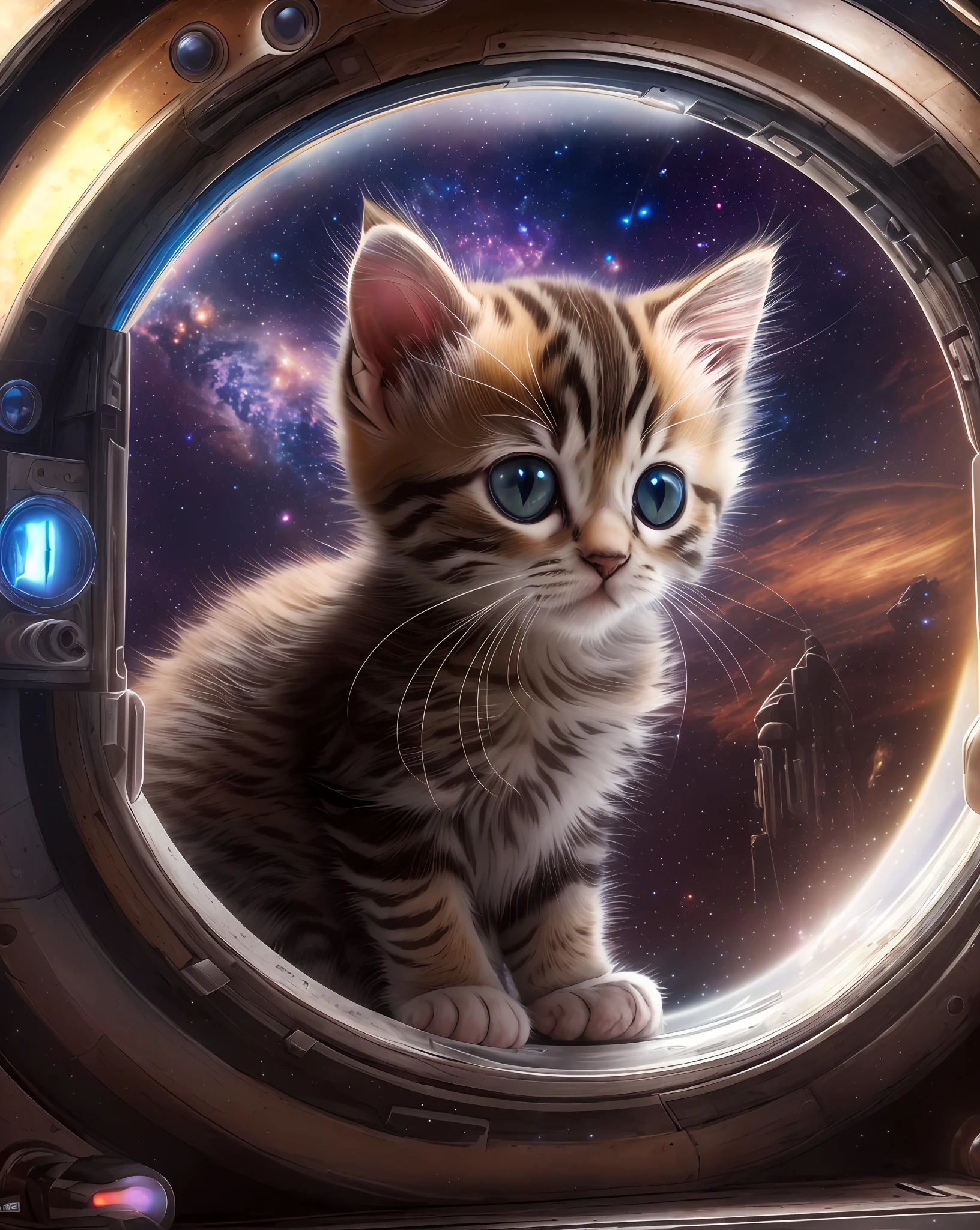 (masterpiece), (best quality:1.4), HDR, 8K, dramatic lighting, photorealistic, ((a cute kitten)), large pupil, round pupil, hands on window, ((cute)), curious, full body, mechanized equipment, (spaceship), science fiction, future world, looking at viewer, space, nebula