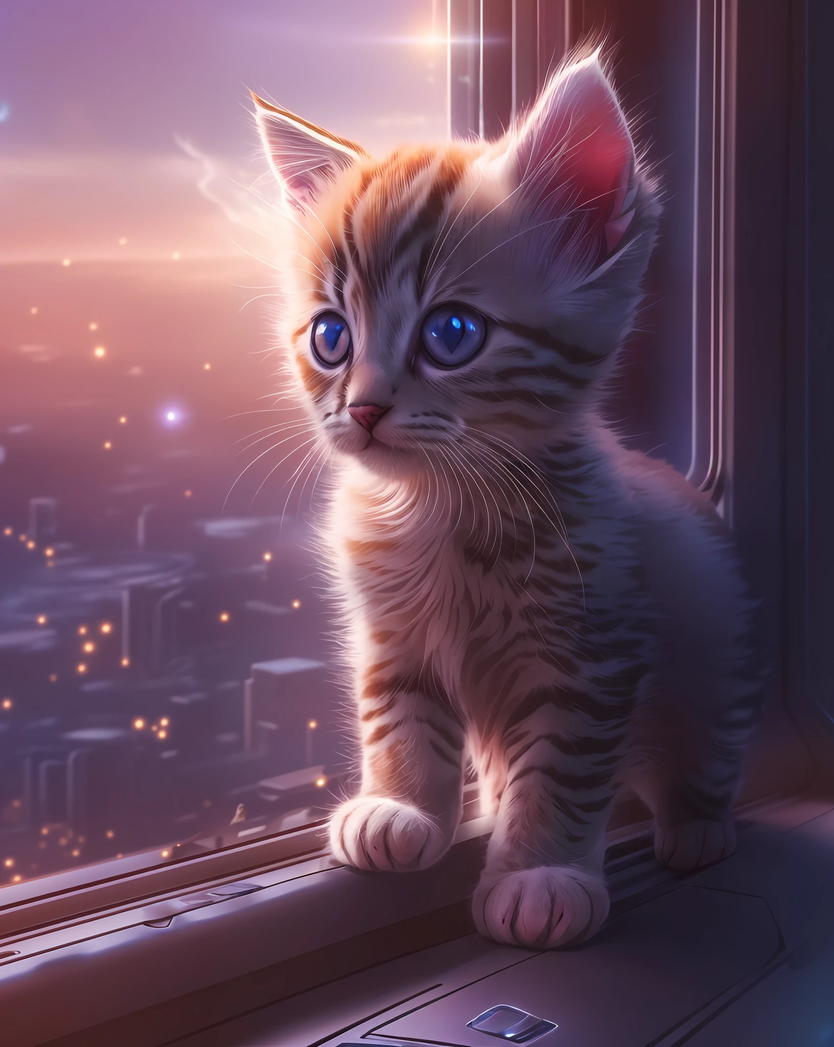 (masterpiece), (best quality:1.4), HDR, 8K, dramatic lighting, photorealistic, ((a cute kitten)), large pupil, round pupil, hands on window, ((cute)), curious, full body, mechanized equipment, (spaceship), science fiction, future world, looking at viewer, space, nebula