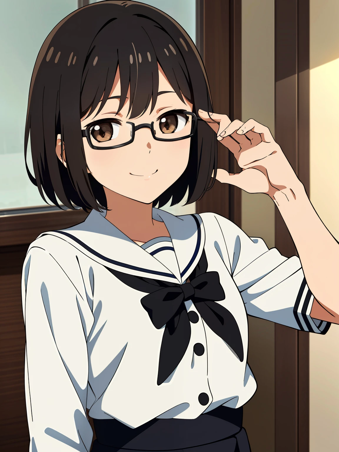 (girl with、独奏、a junior high school student、A dark-haired、short-hair、straight haired、Light brown eyes、A smile、wearing black glasses、small tits、cute  face)、​masterpiece、best qualtiy、ultra-detailliert、Tsukinomori Jogakuin uniform