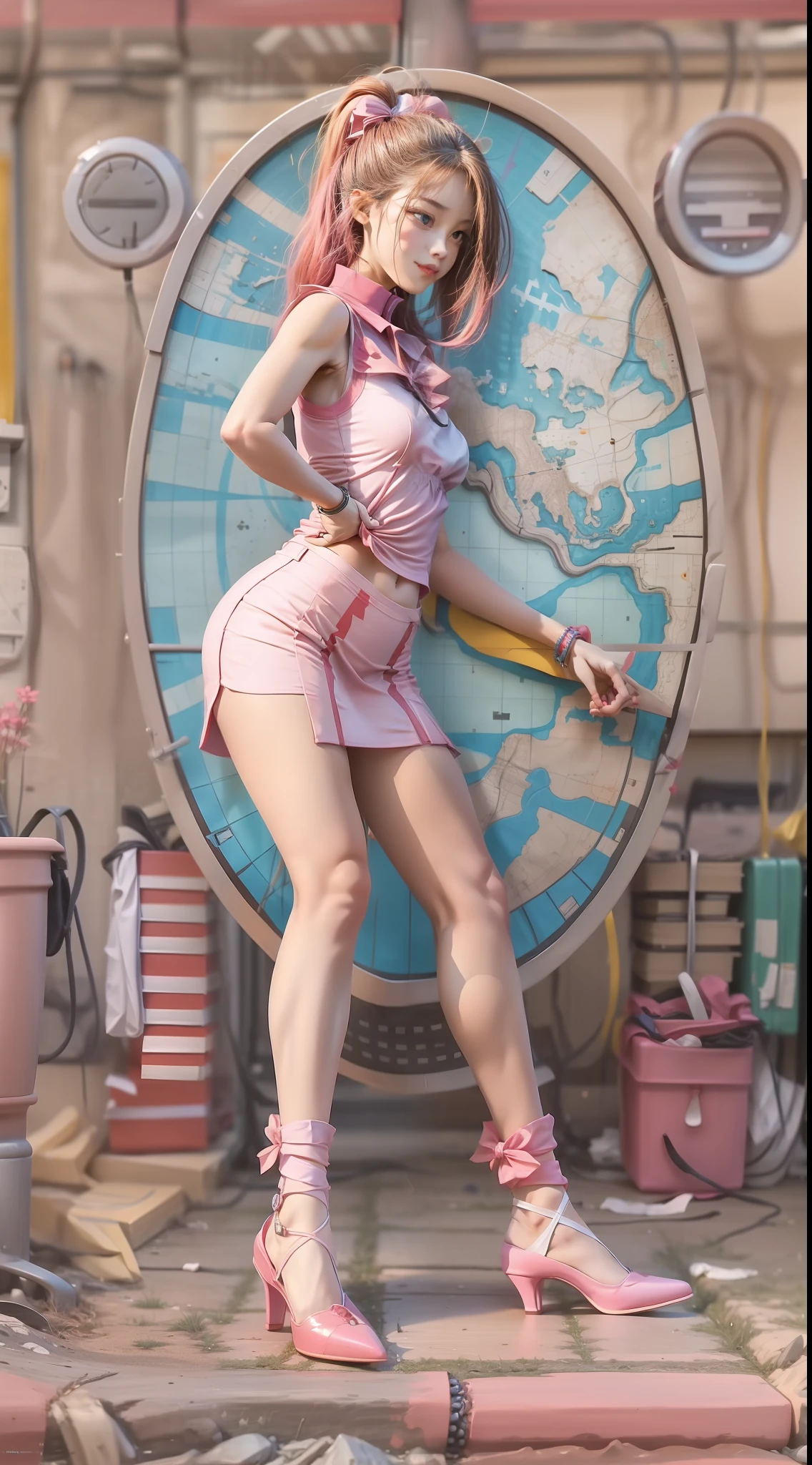 Splitting the map is prohibited，(Full body shot:1.3), tarot cards，Must show your face, anatomy correct,  high-heels,Stockings are mandatory, Colorful，j.K. School uniform print pink color scheme，squatting pose，Complex and diverse backgrounds，Strangling effect, anklet, leg loops, collars, Heavy makeup, A shallow laugh, hyper HD, Ray traching, structurally correct, Award-Awarded, high detal, lightand shade contrast, Face lighting，cinmatic lighting, tmasterpiece, super detailing, high high quality, high detal, best qualityer, 16k