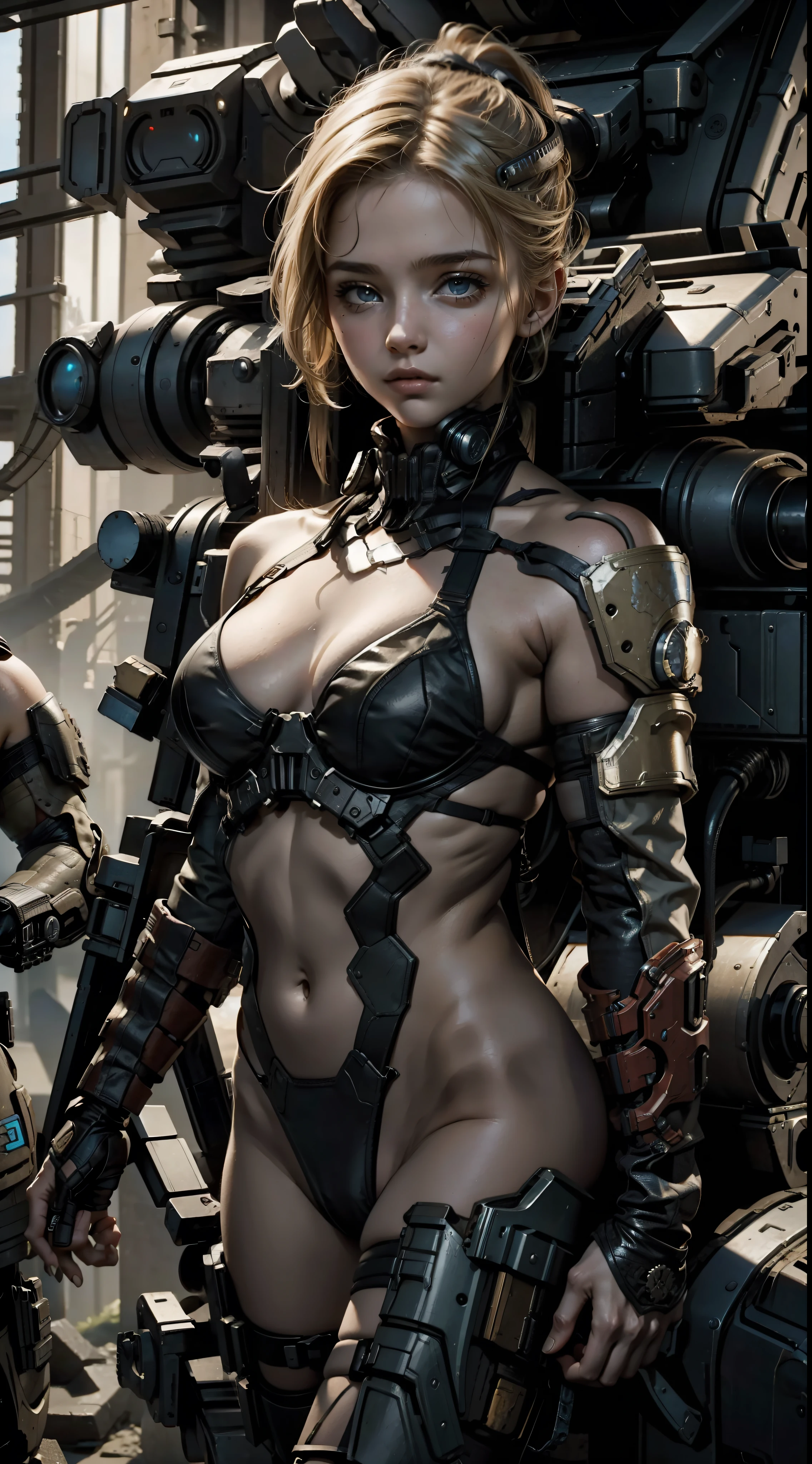 An 18-year-old blonde girl in a bikini in gears of war armor, in a futuristic war scenario