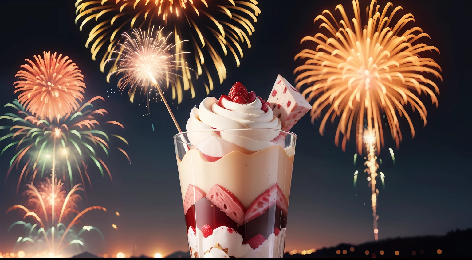 Big parfait for parties、Fireworks are stuck