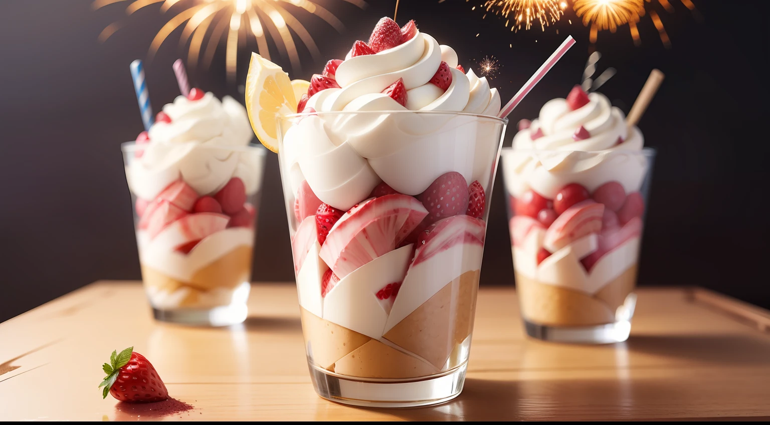 Big parfait for parties、Small fireworks that you can enjoy individually are stuck in the top of the parfait.