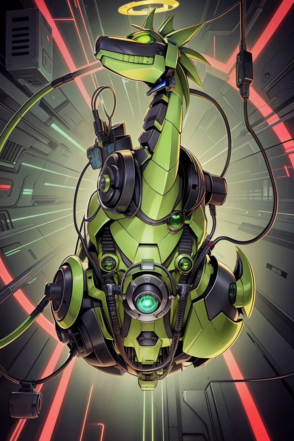 Dragon, green, machine, yugioh style, yugioh monster, solo, halo, smile, grin, robot, cable, floating