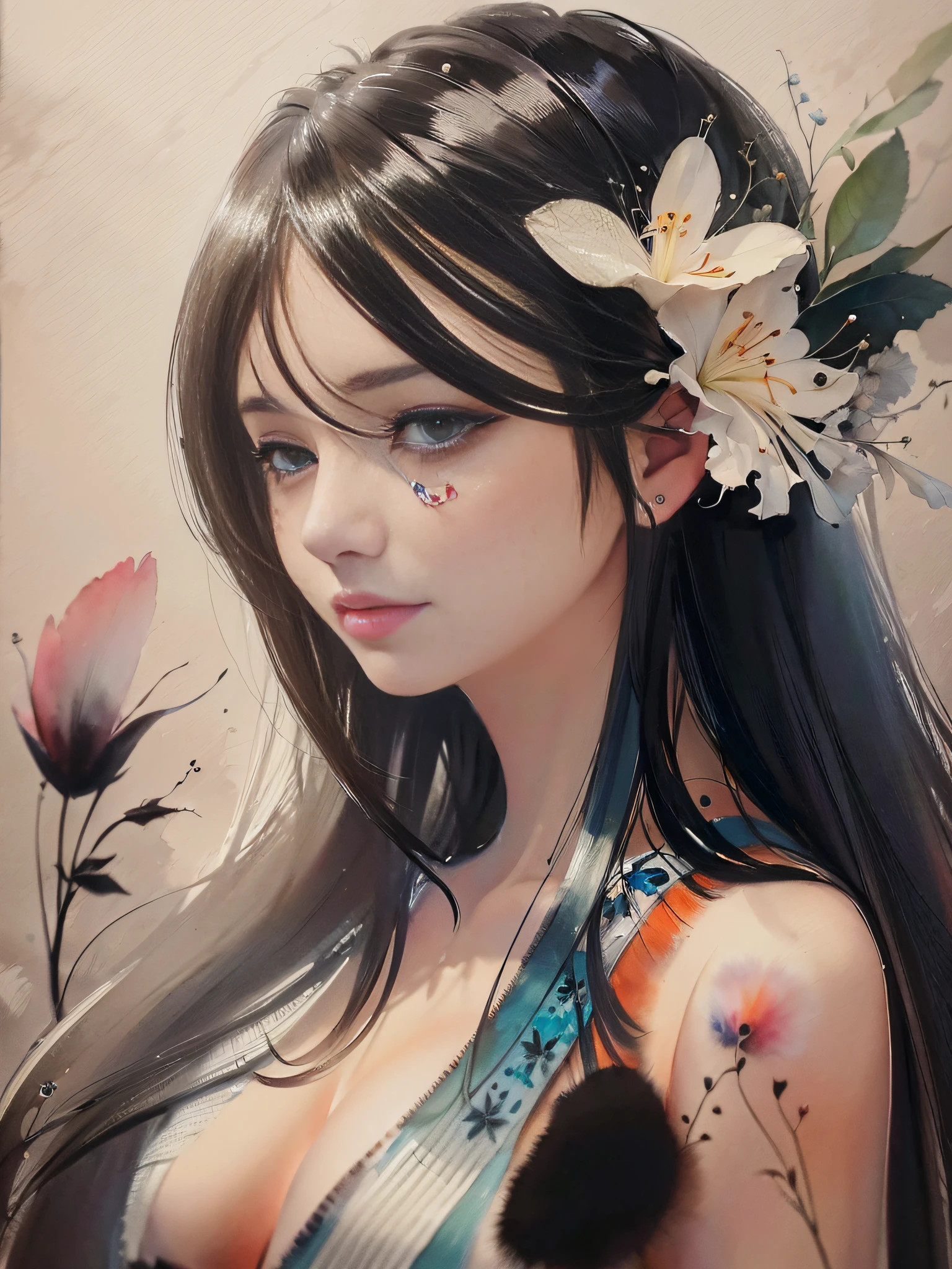 1girl ((Anna Dittmann)) portrait, floral, watercolor sketch, light, watery, abstract, brushstrokes, negative space (masterpiece, high quality)